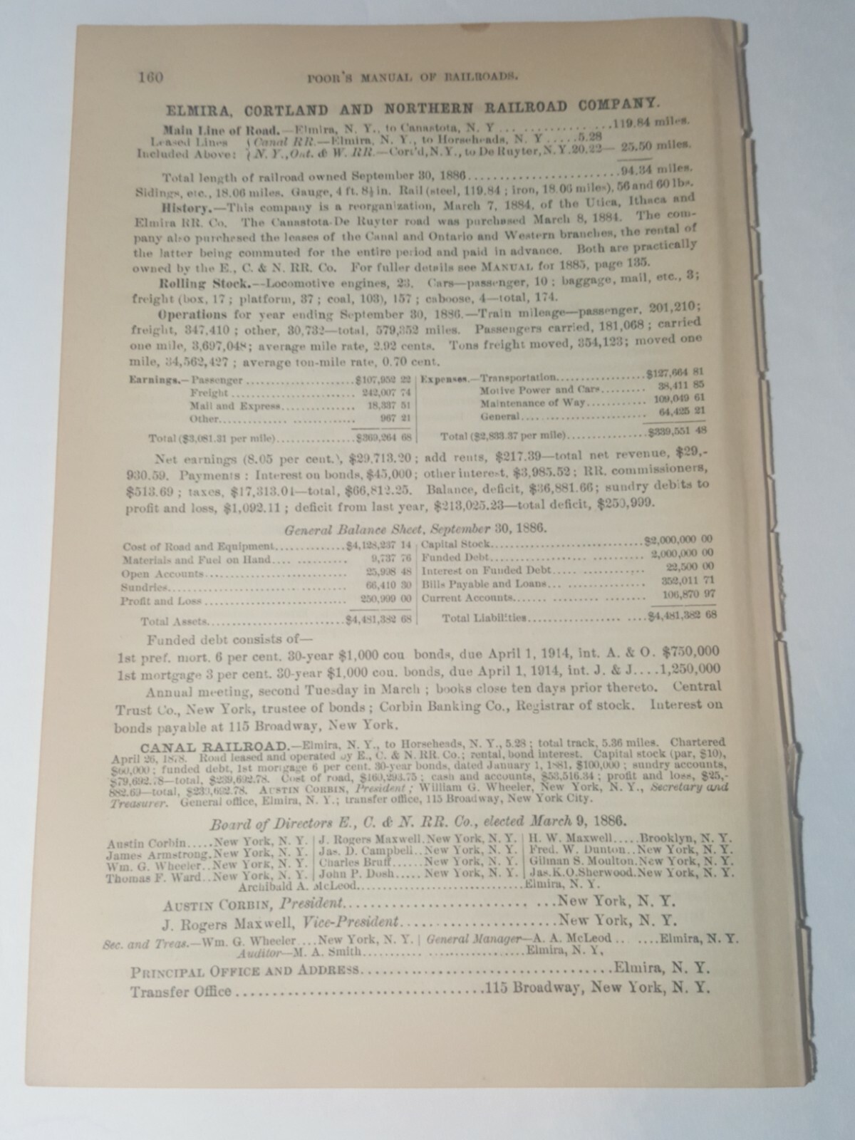 1887 train document ELMIRA CORTLAND & NORTHERN RAILROAD CANASTOTA Horseheads NY