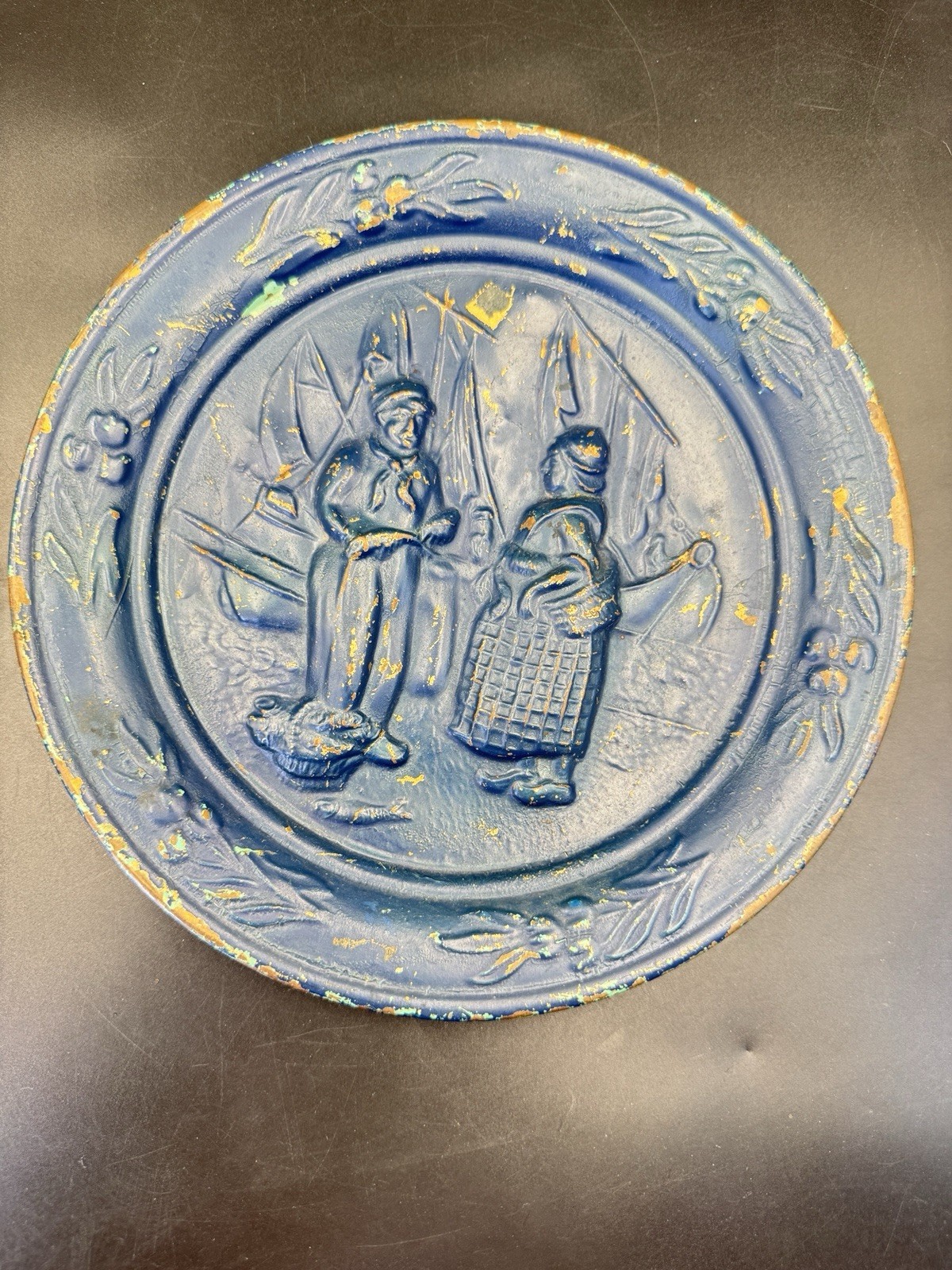 Vintage Metal Repousse Wall Plate Dutch Fisherman Scene Thin Lightweight