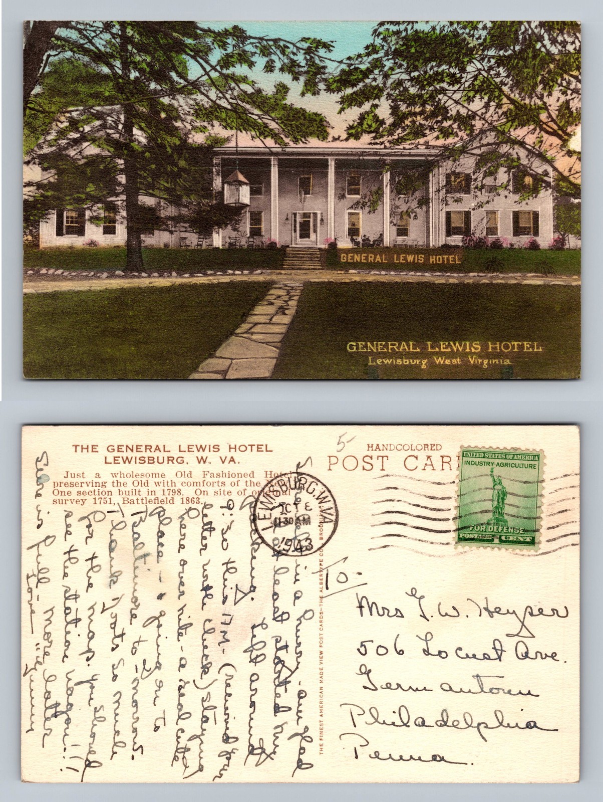 Lewisburg, WV-West Virginia, General Lewis Hotel c1943 Post Vintage Postcard