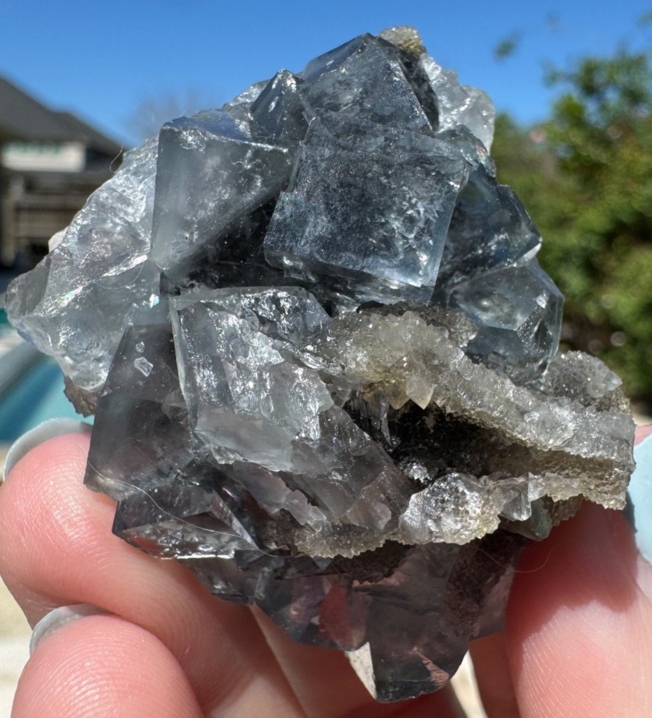6210 Clear Blue Cubic Fluorite on Druzy Quartz Fu Jian 76g