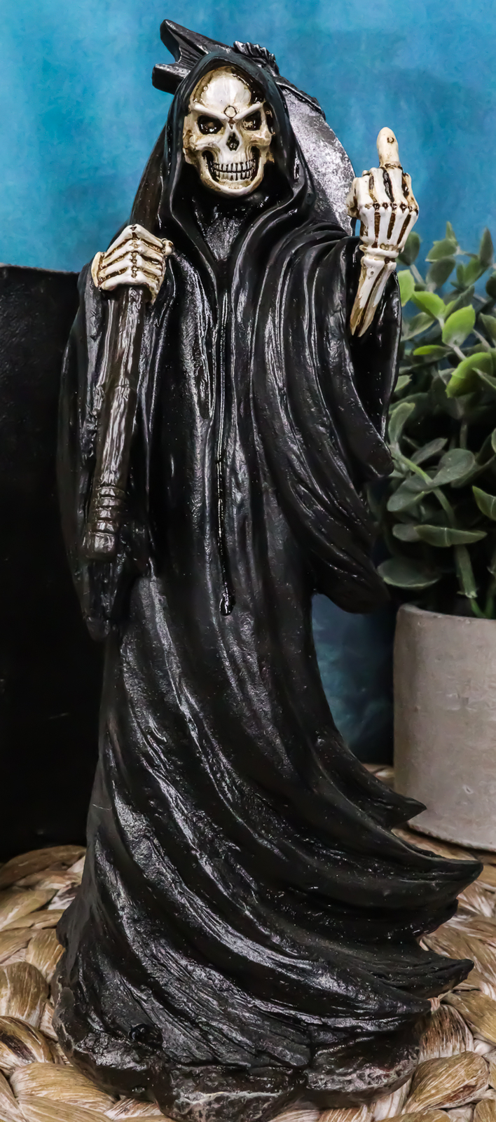 The Night Watchman Grim Reaper With Scythe Flipping Off Middle Finger Statue
