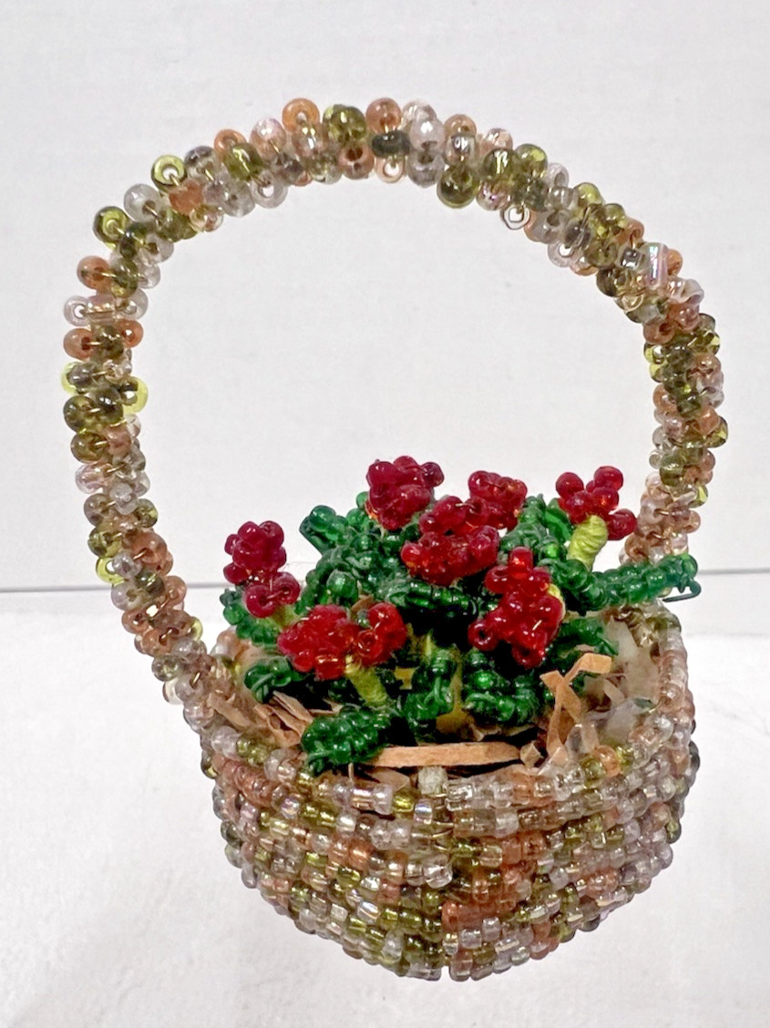 Vintage Hand Beaded Basket w Red Flowers Green Leaves Glass & Wire 2.5 inch