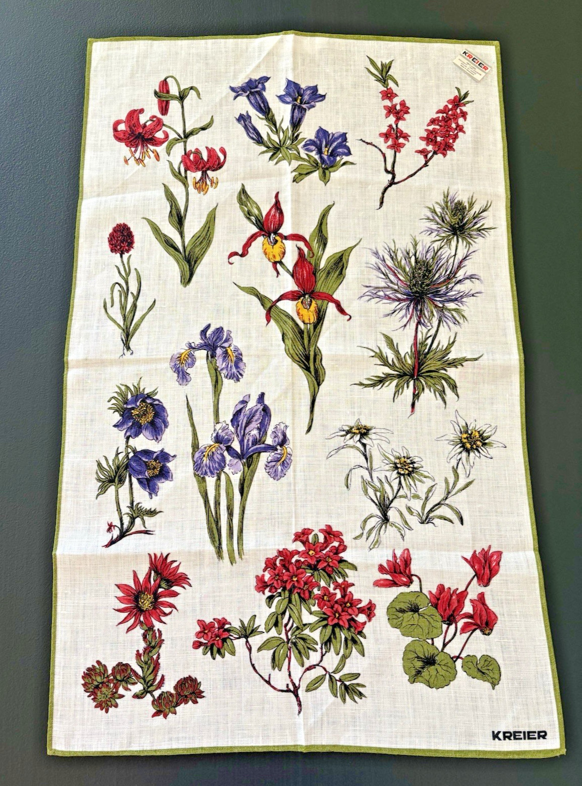 Vintage Kreier Linen Tea Towel Botanical Wildflower Art Kitchen Decor Swiss
