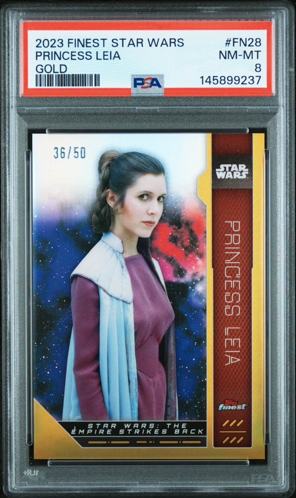 2023 TOPPS FINEST STAR WARS #FN28 PRINCESS LEIA GOLD PSA Near Mint 36/50