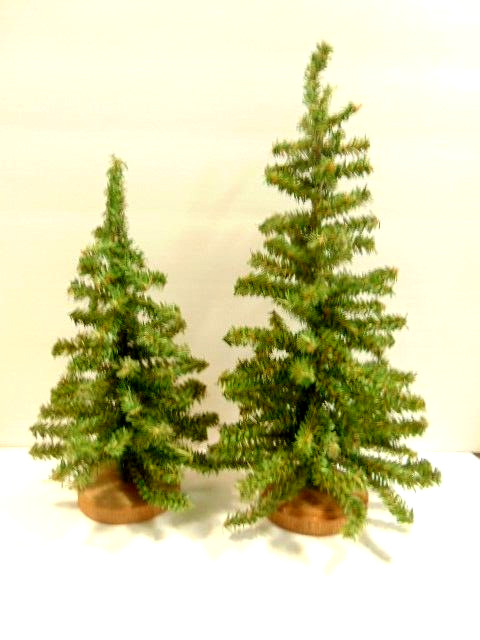2 pre-owned pine or Christmas trees with wooden bases: approx 12 and 9 inches