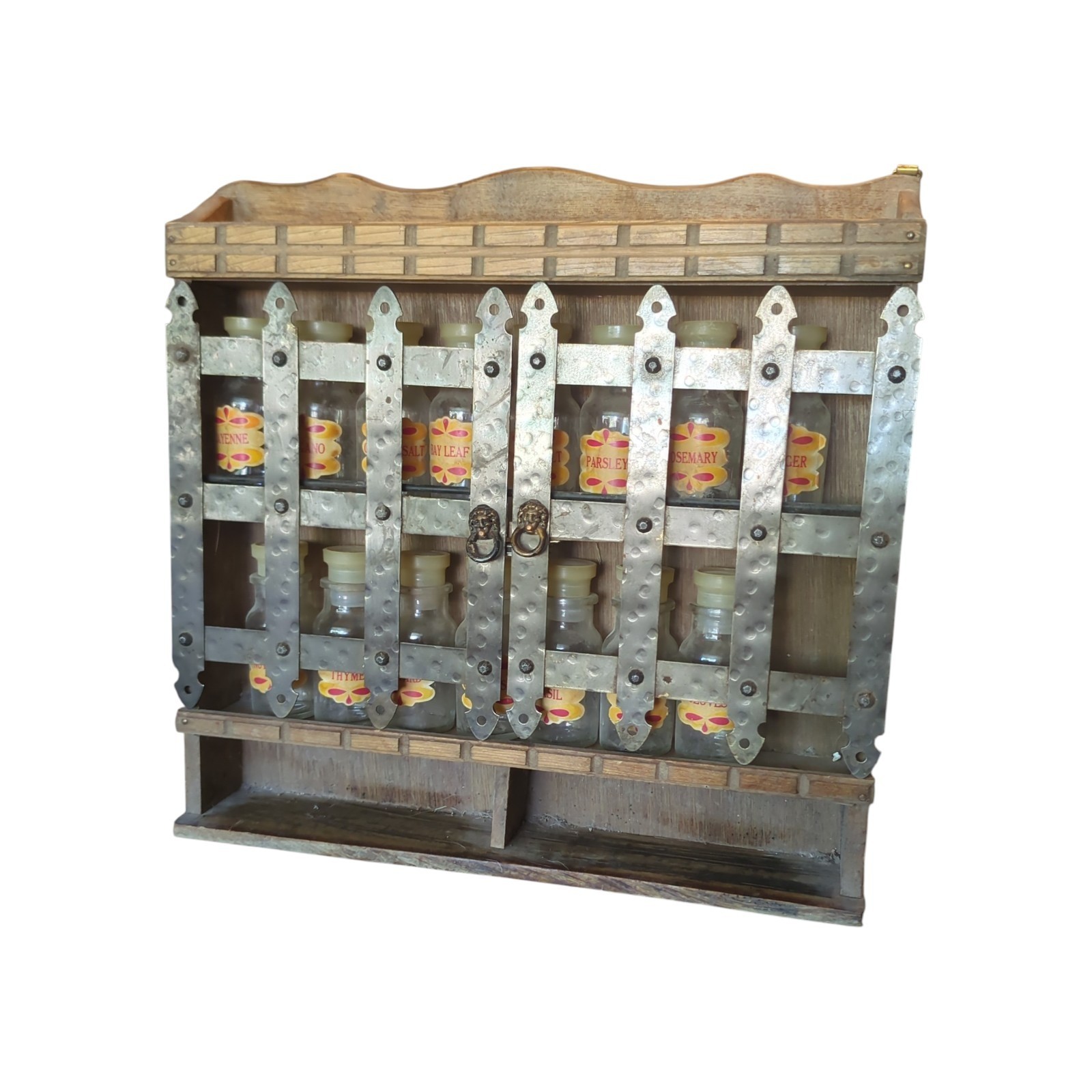 Vintage Wood & Metal Wall Mount Spice Rack Cabinet w/ 15 Glass Jars Lion Pulls