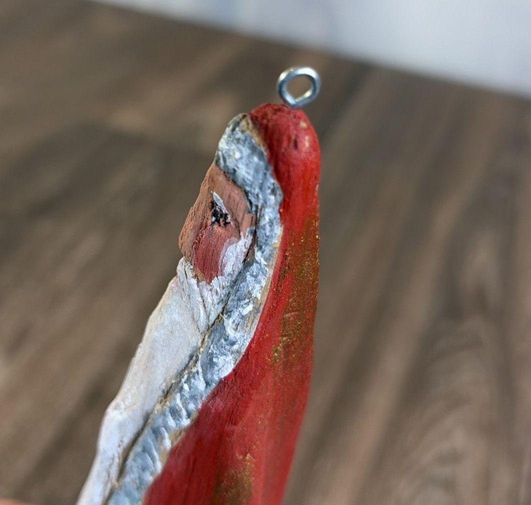Vintage Hand Painted Folk Art Driftwood Santa Wood Rustic Ornament 8.5″ Pencil