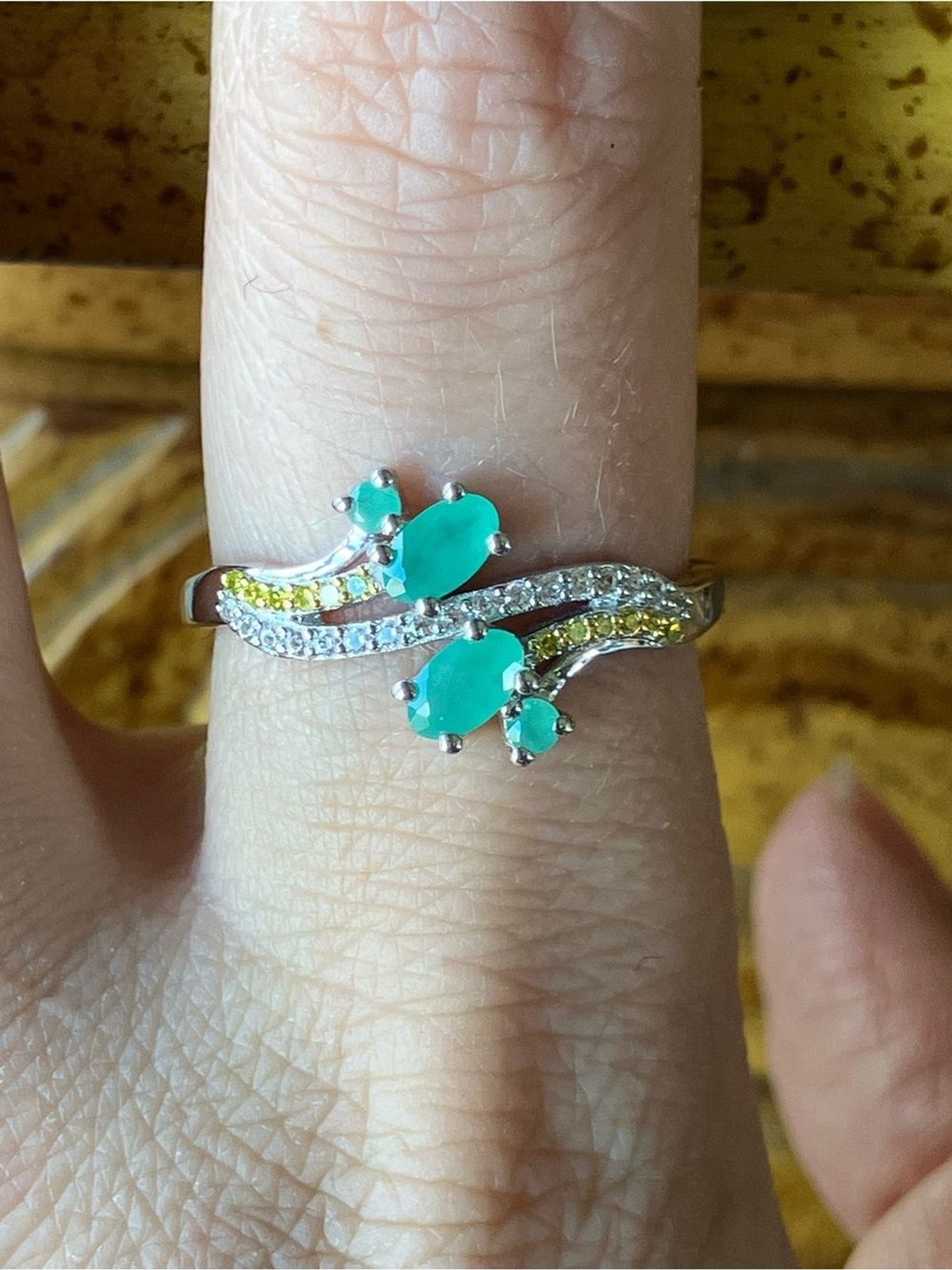 Genuine Zambian Emerald Yellow Diamond Sterling Silver Ring Size 9