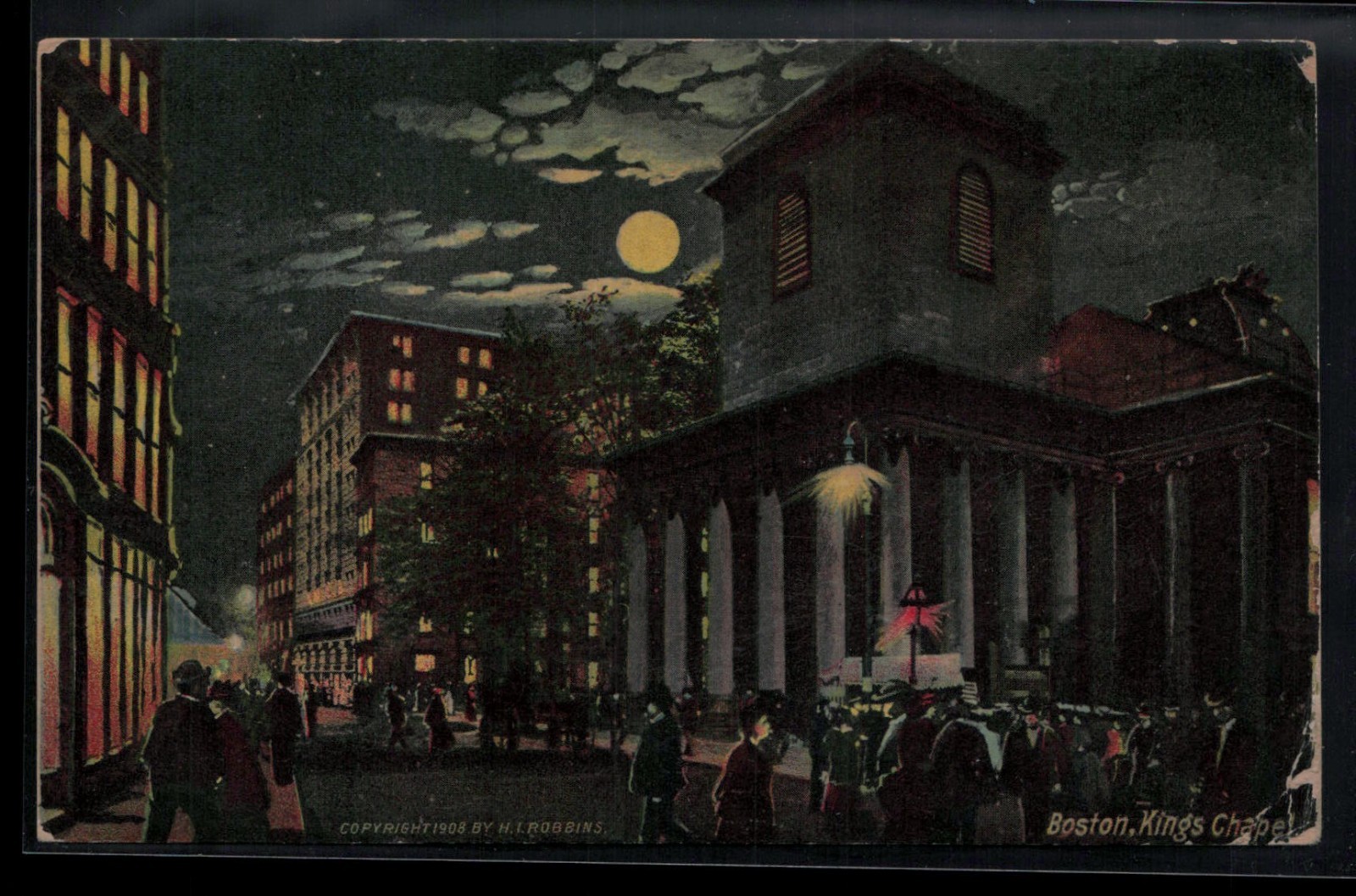 Postcard Night Moonlight Scene Kings Chapel, Boston, MA Street Scene Posted 1908