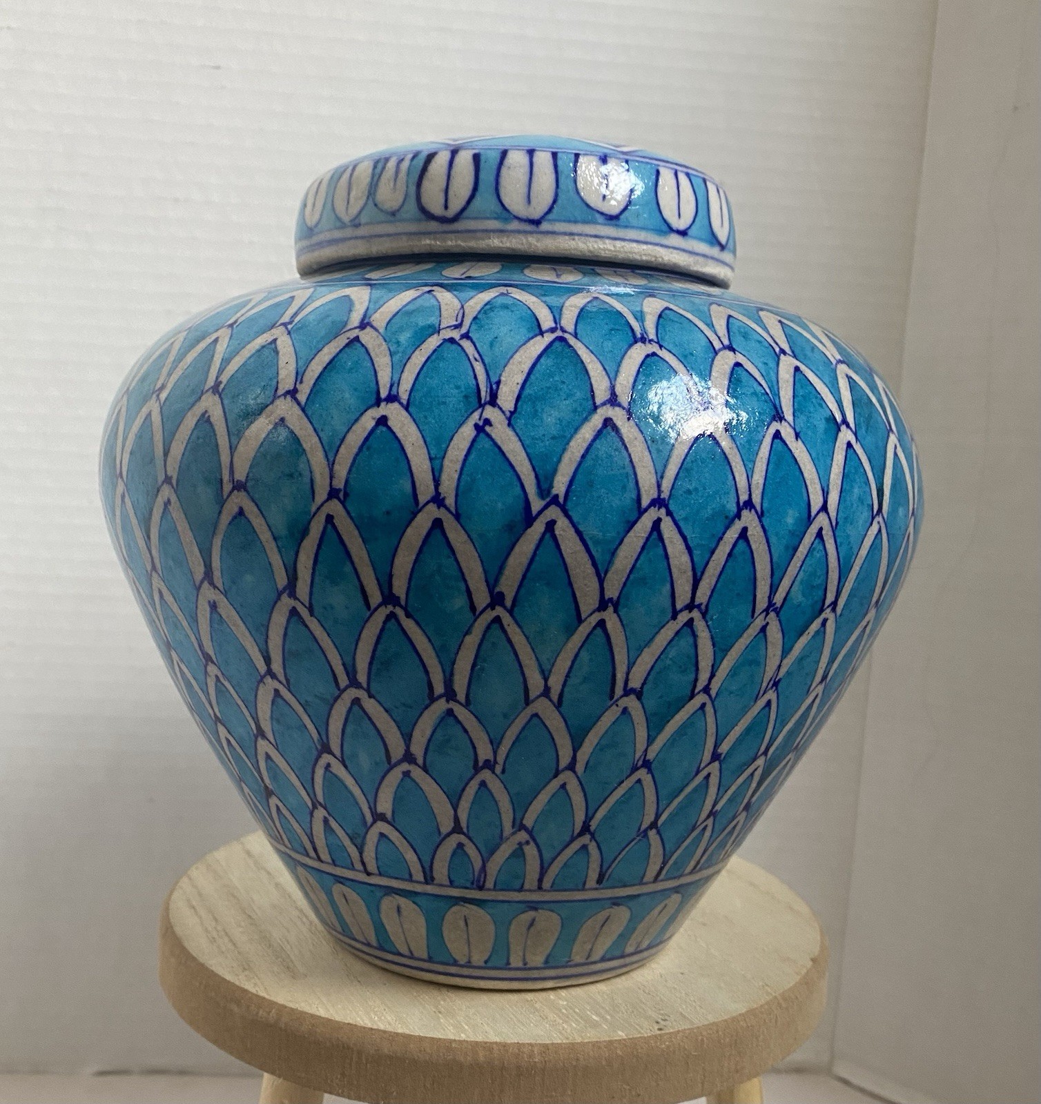 Vintage Jaipur India Hand Painted Art Pottery Lidded Vase Indian Signed