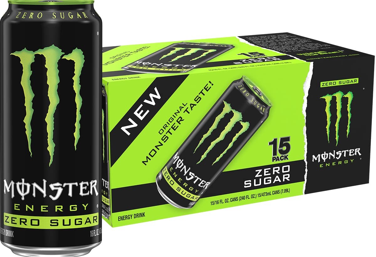 Monster Energy Zero Sugar, Original Green, 16 fl oz Cans, Pack of 15 Low Calorie