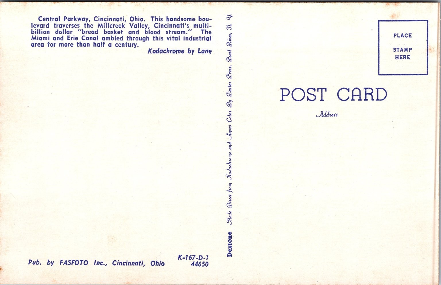 Central Parkway Cincinnati Ohio Chrome Postcard Dexter Press Dextone Lane