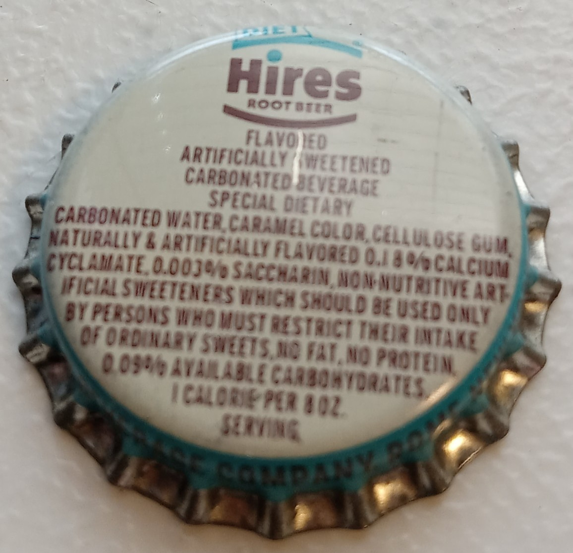 Hires Root Beer Special Dietary Soda Bottle Cap Crown Cork Backed