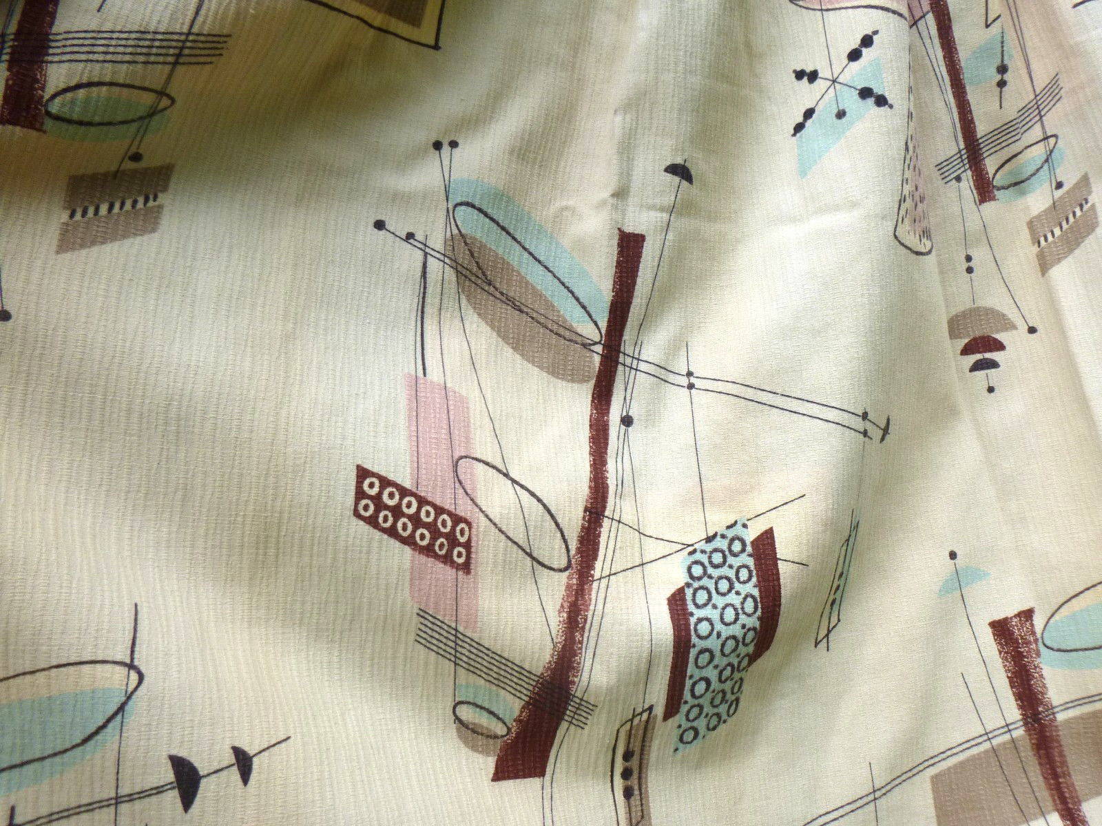 Pr Vtg 50s Atomic Barkcloth Curtain Panels Pink Blue Mobiles 40″ W x 40″ L Each