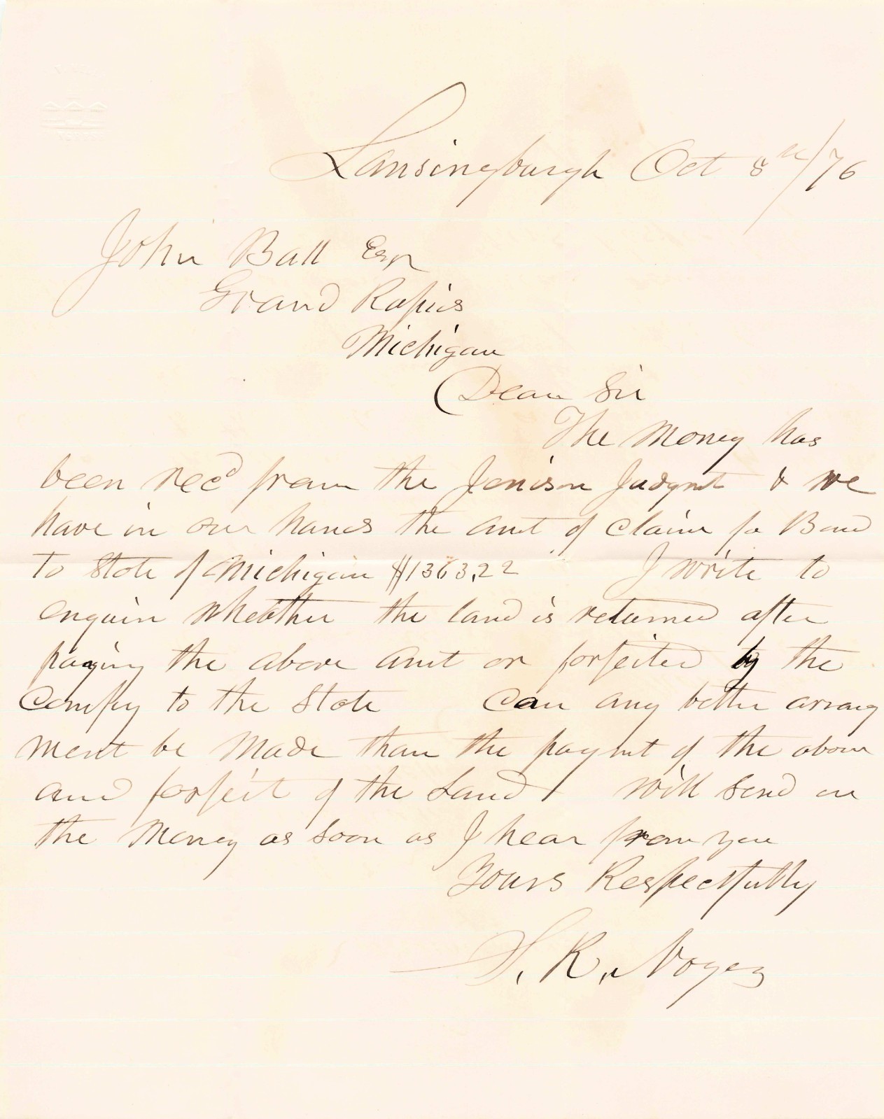 Historic 1876 Michigan Public Land & Lumber Dispute Archive Pioneer John Ball