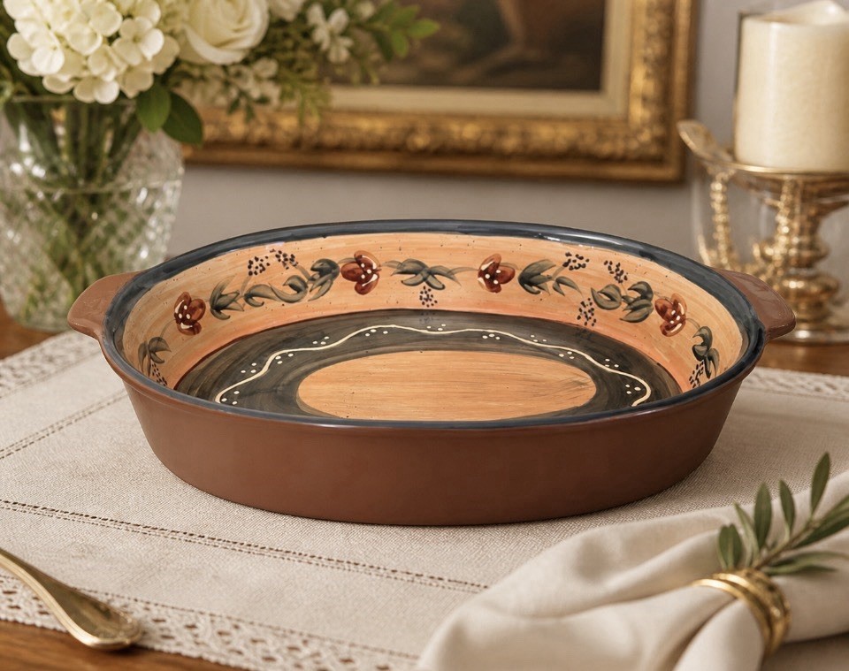 Vintage (NEW) Floral Hand Painted Terracotta Oval Casserole Deep Dish