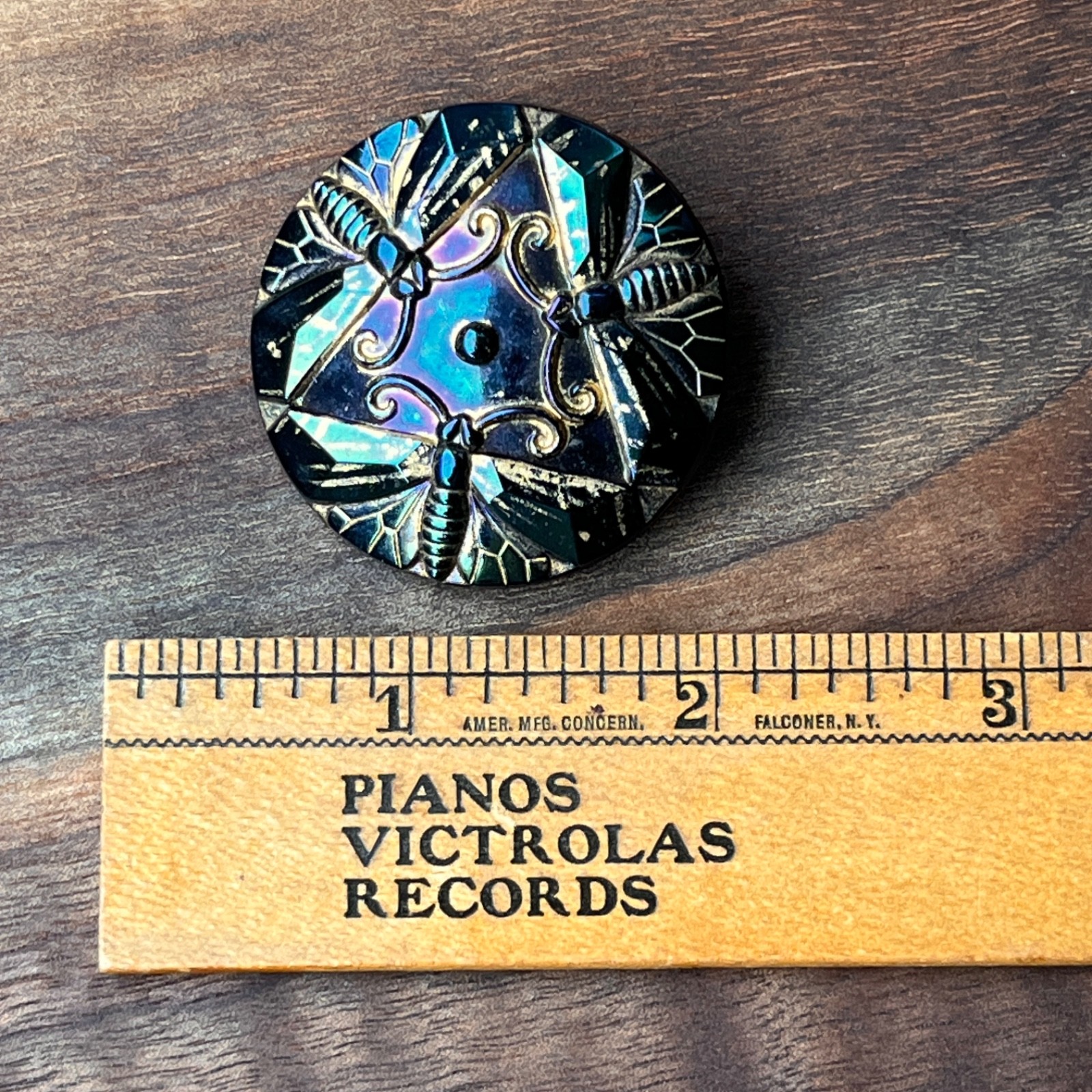 Czech Glass Butterfly Trio Button Art Deco Iridescent w/Gold Paint 1-5/8”
