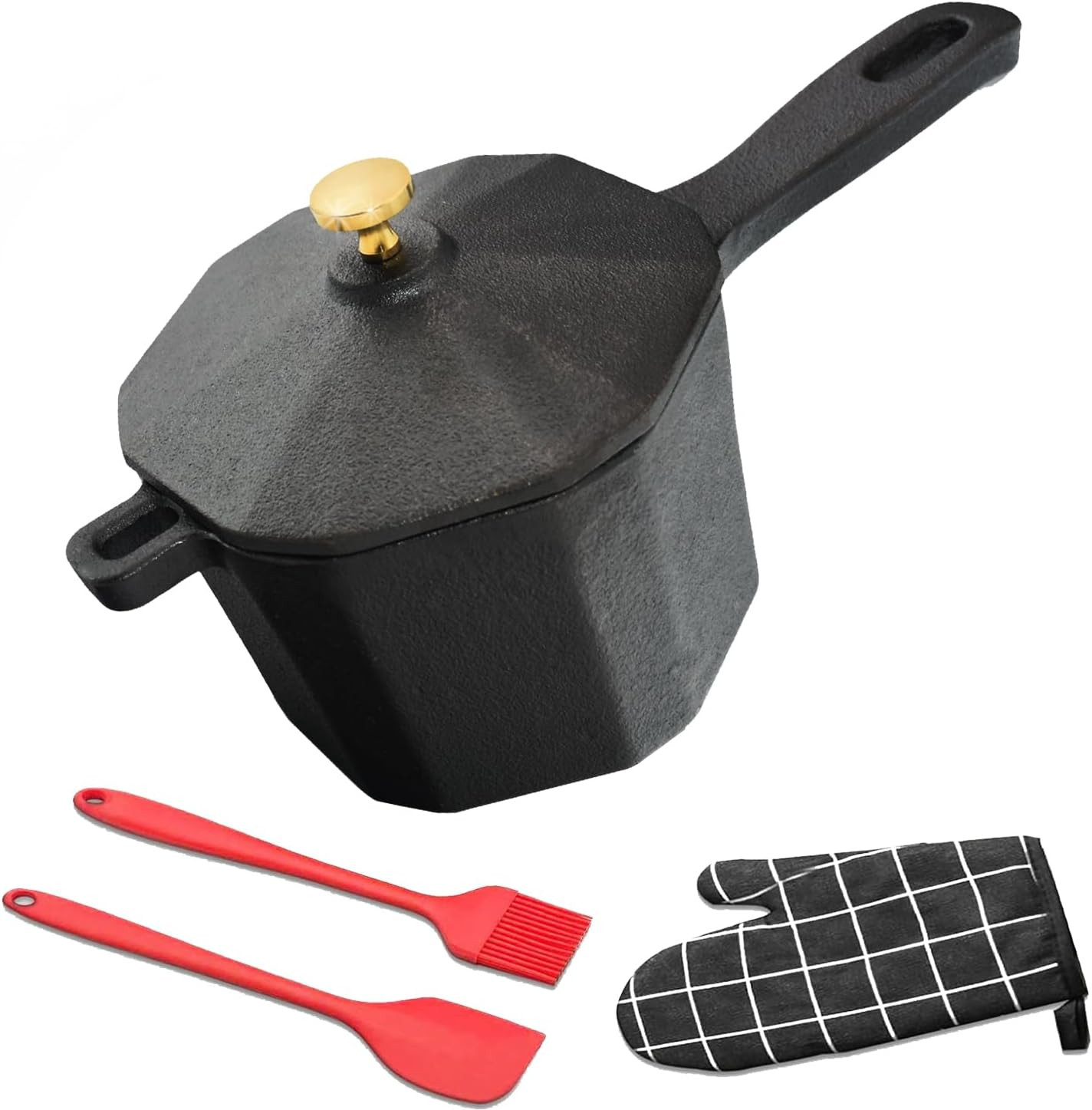 Cast Iron Sauce Pan with Lid, Small Cast Iron Basting Pot with Silicone Basting