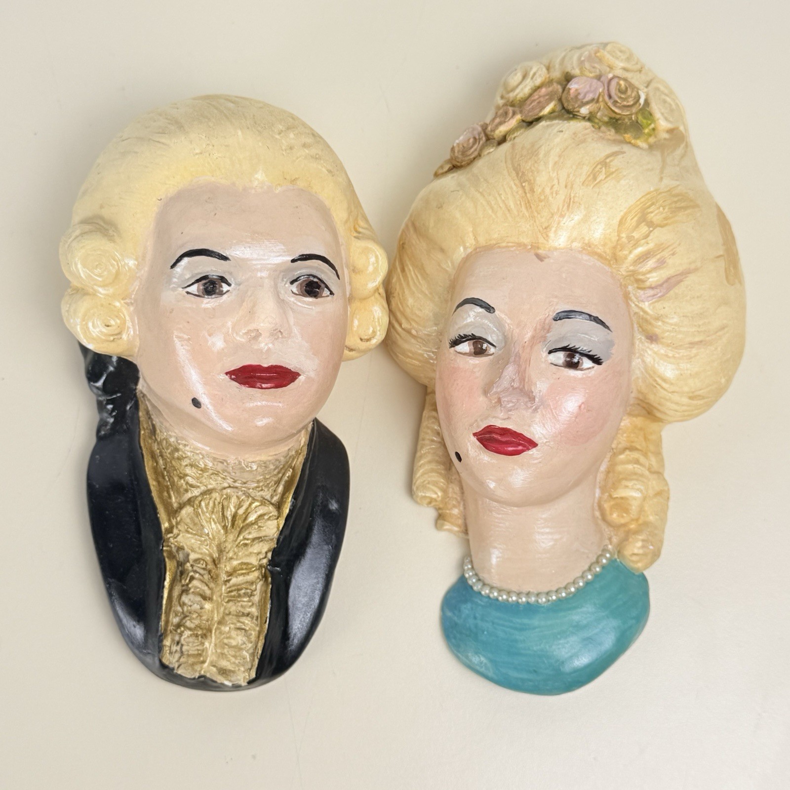 VTG Chalkware Marie Antoinette King Louis XVI 3D Wall Plaque Bust Set Hand Paint