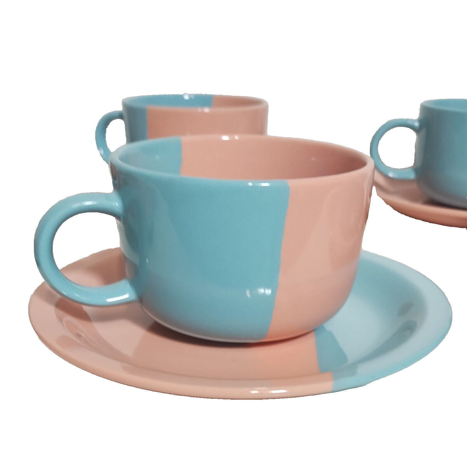 Vtg 1980s Blue & Pink Colorblock (Pier 1?) Ceramic Tea/Coffee Cup & Saucer Set