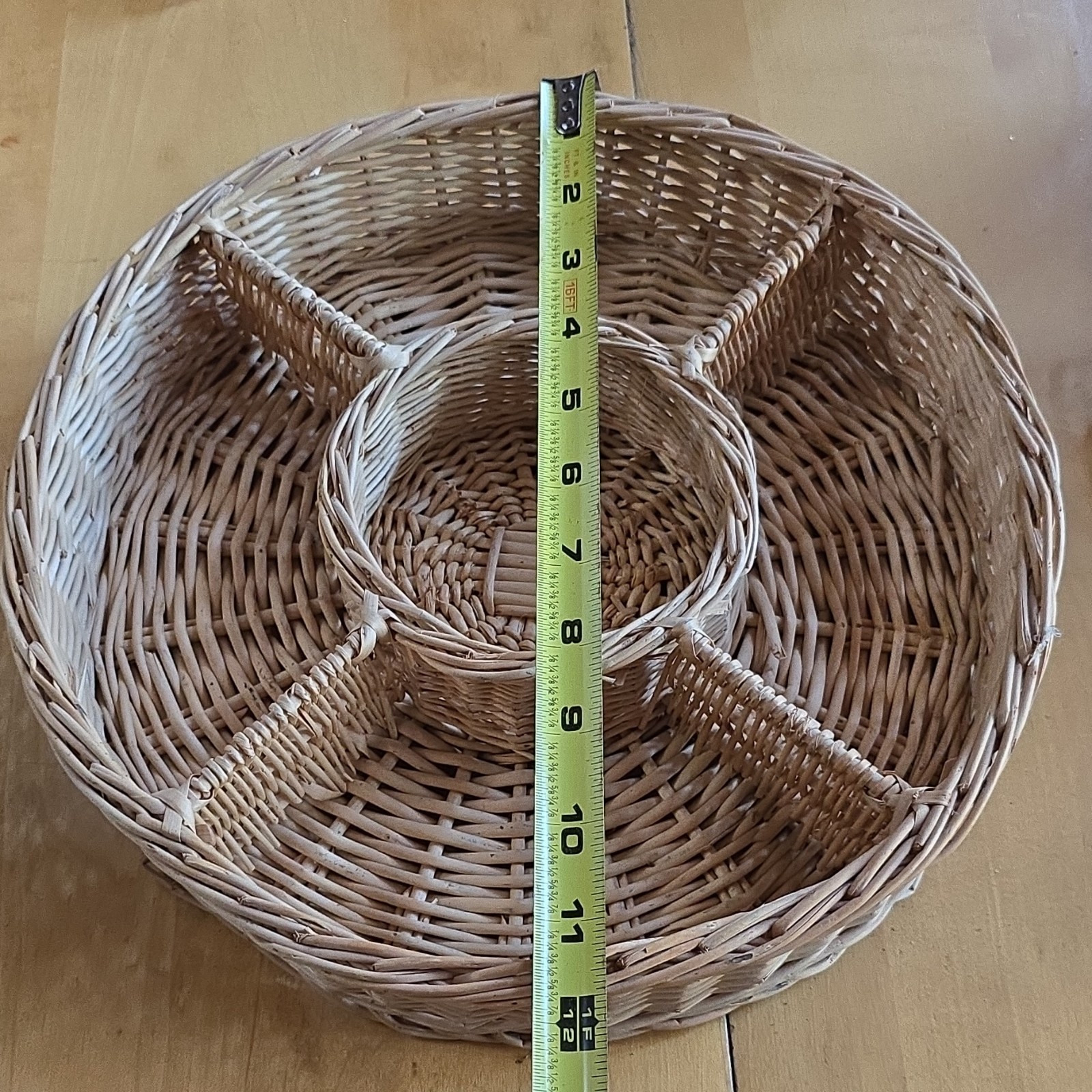 Vintage 50s Beige Wicker Divided Storage Basket with Center Handle 12 in x 3 in