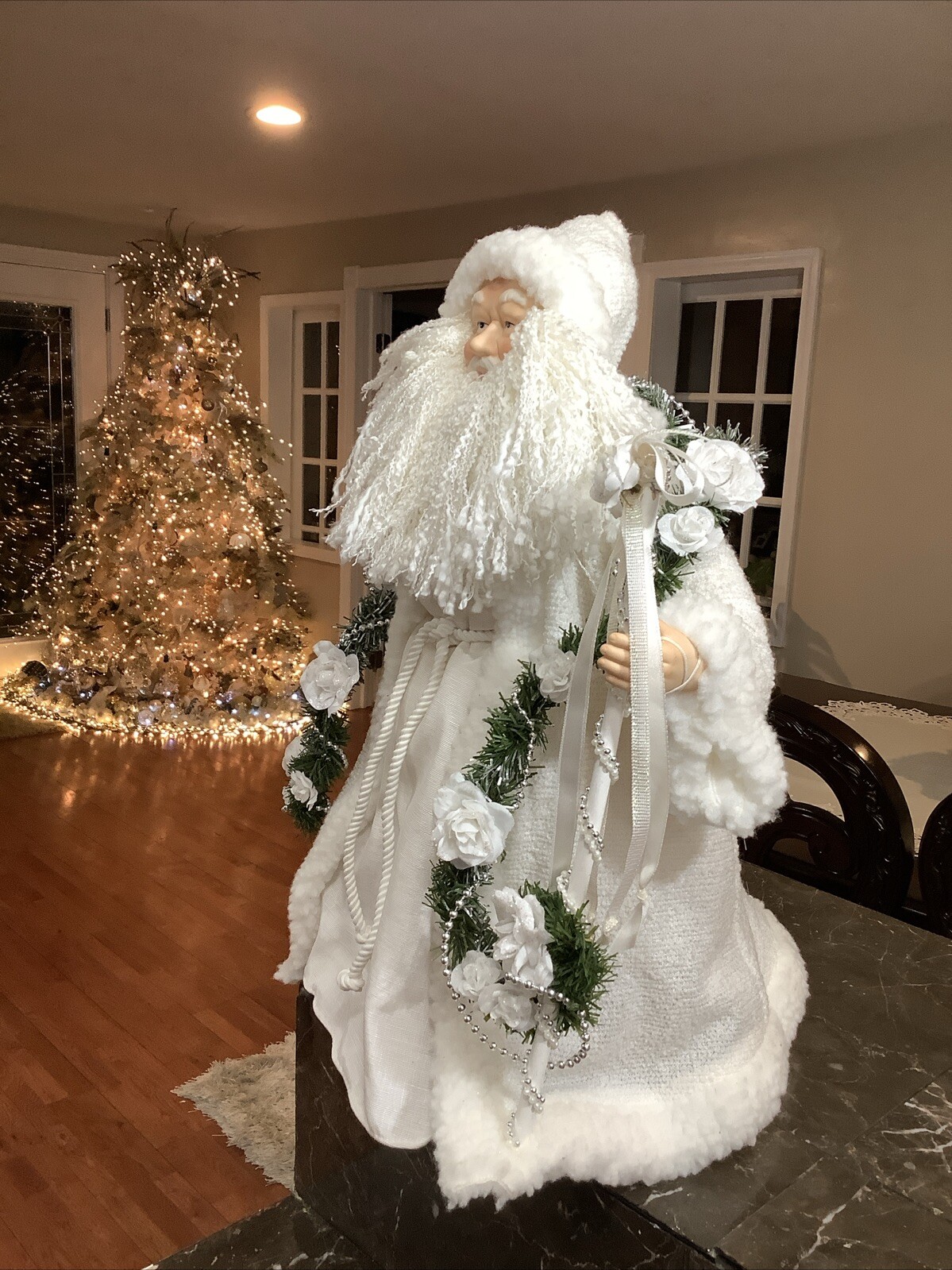 Victorian Santa Claus Tree Topper White Green Silver Gown 18” Tall 15” Wide