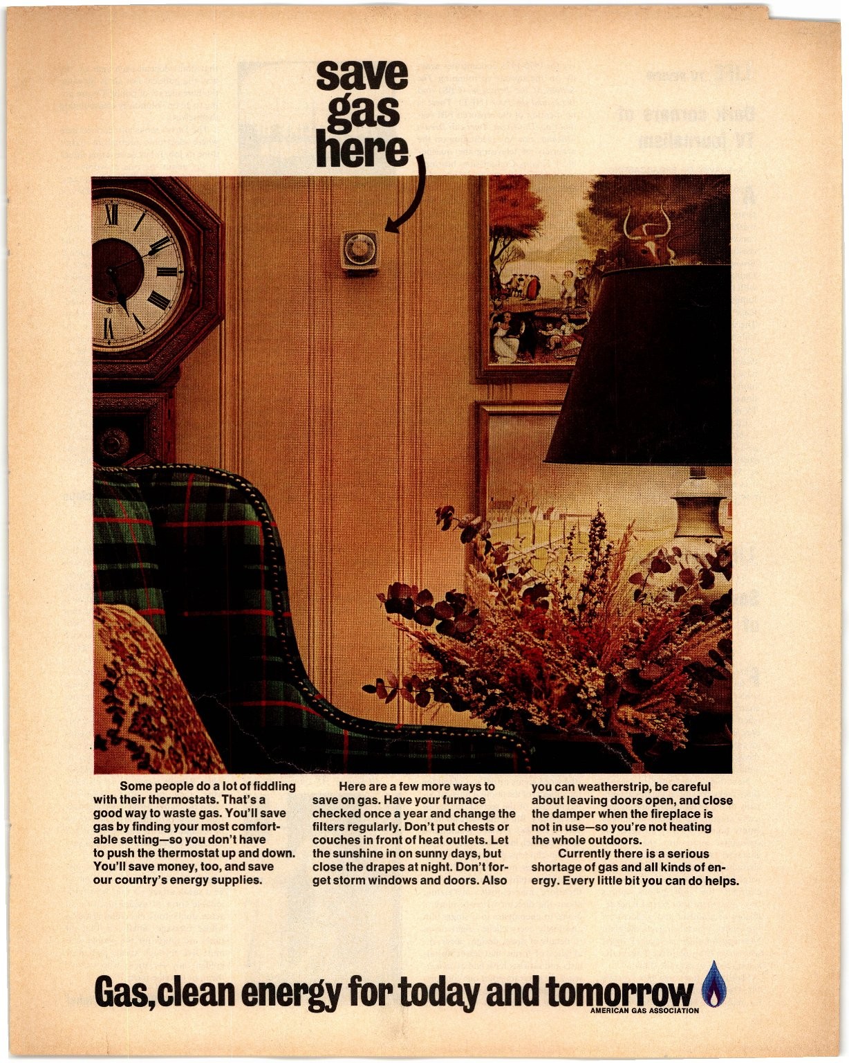 American Gas Association Save Gas Here 1970s Vintage Energy Conservation AD092