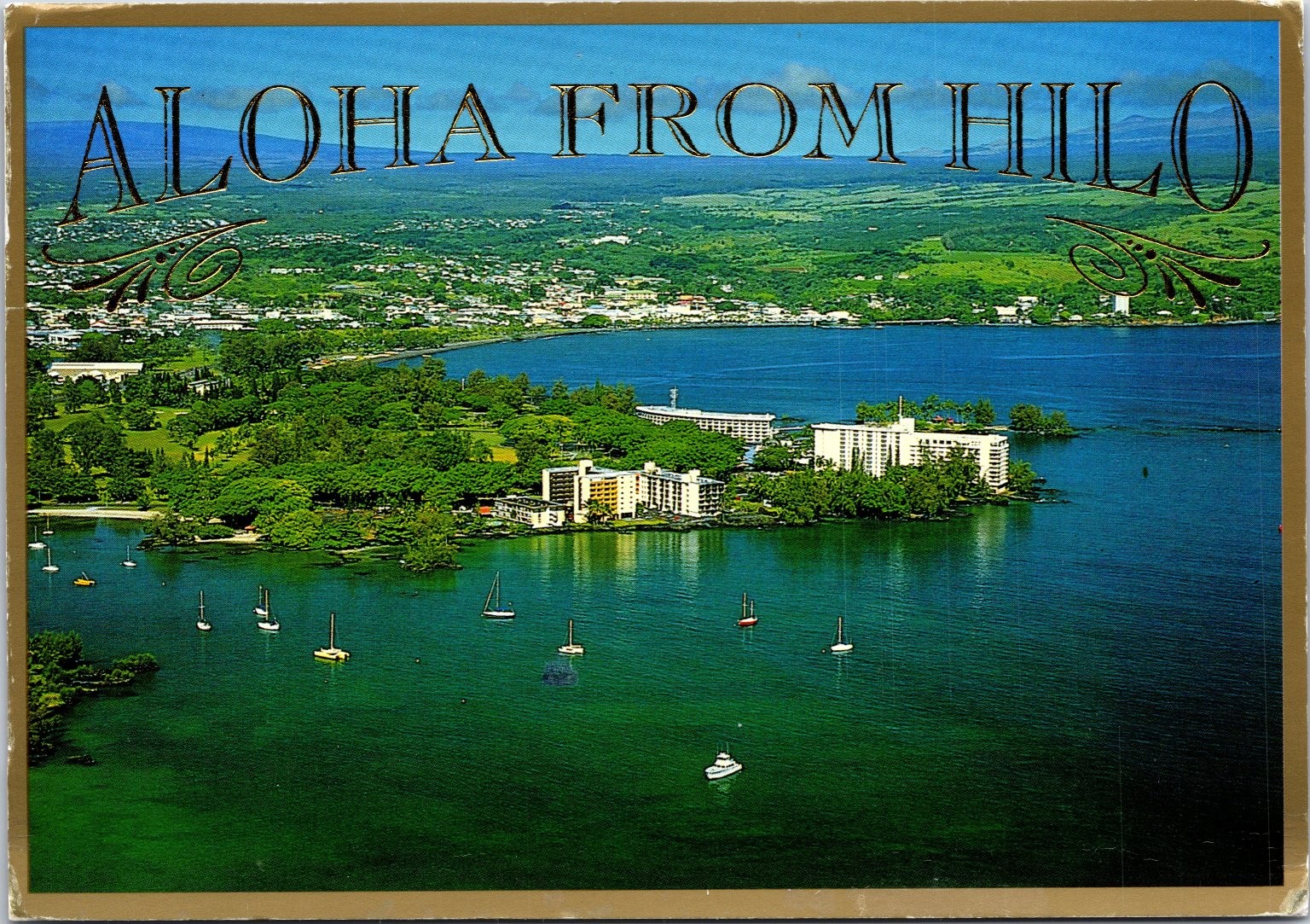 Hilo HI Hawaii Aerial View Aloha Mauna Kea Island Postcard Boats on Water