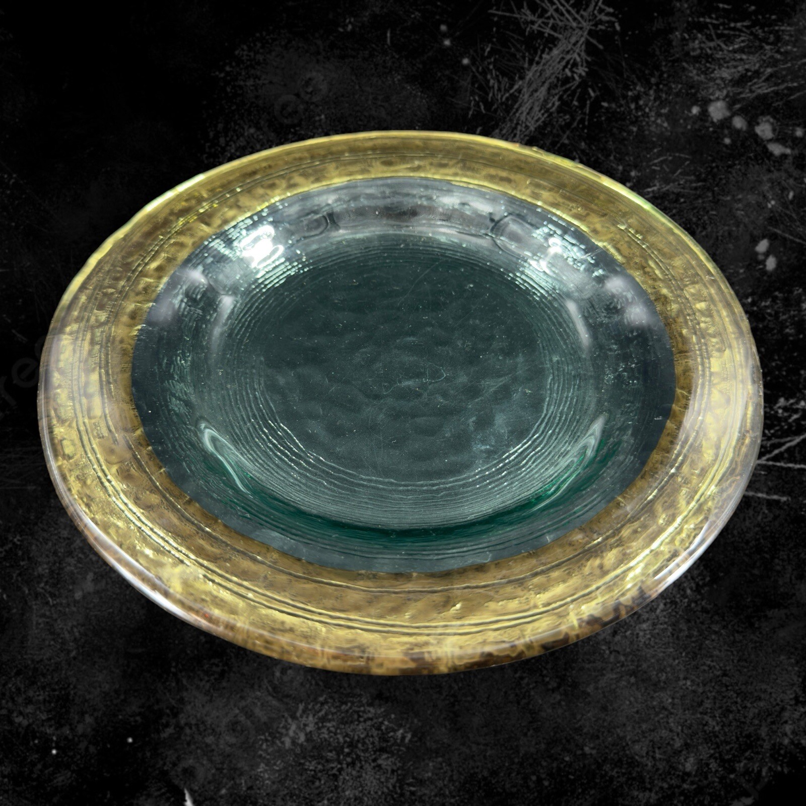 Vintage Italian Hand Made Fused Art Glass Plate Dish Transparent Green With Gold