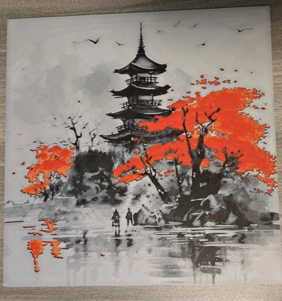 3D Printed Desk/Wall Art, Japan Inspired Hueforge Natural Light Glow, 8in X 8in.
