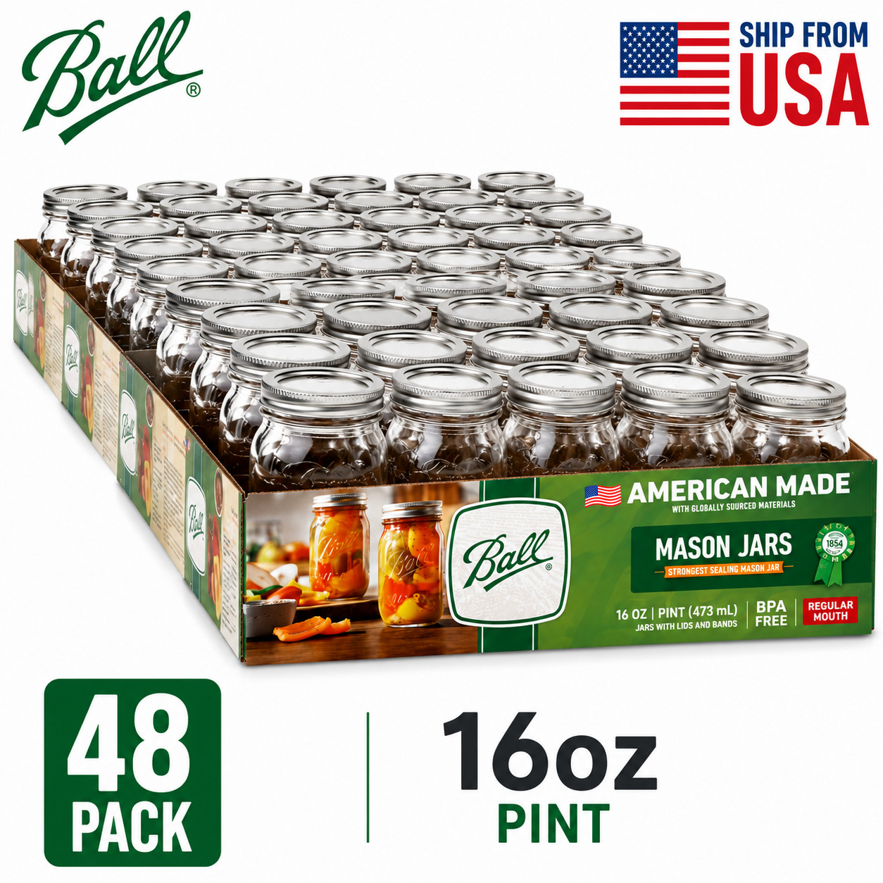 48-Pack 16 Oz Mason Jars, Regular Mouth Pint Canning Jars with Lids and Rings.