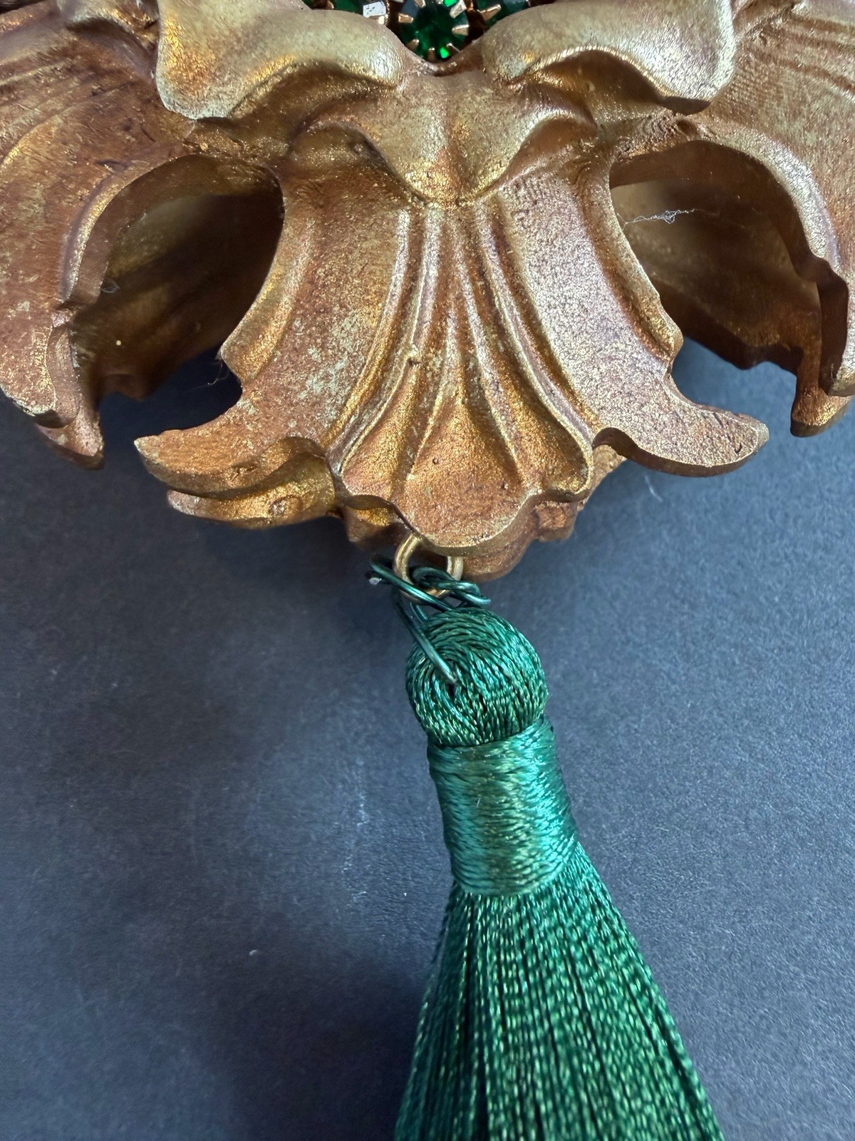 Gold Baroque Flower Ornament Green Tassel Rhinestone Center Velvet Ribbon 15”