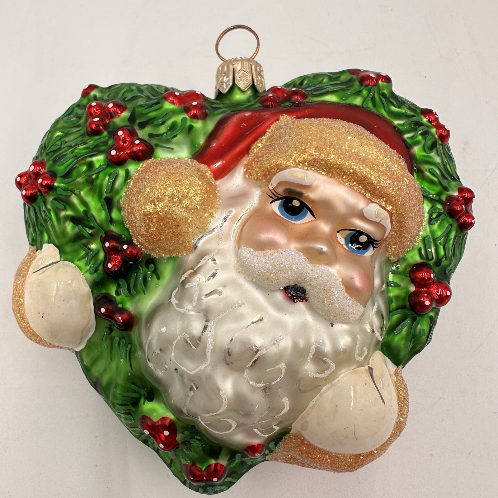 Vintage Christopher Radko Holly Jolly Santa Claus in Heart Wreath Ornament 1999