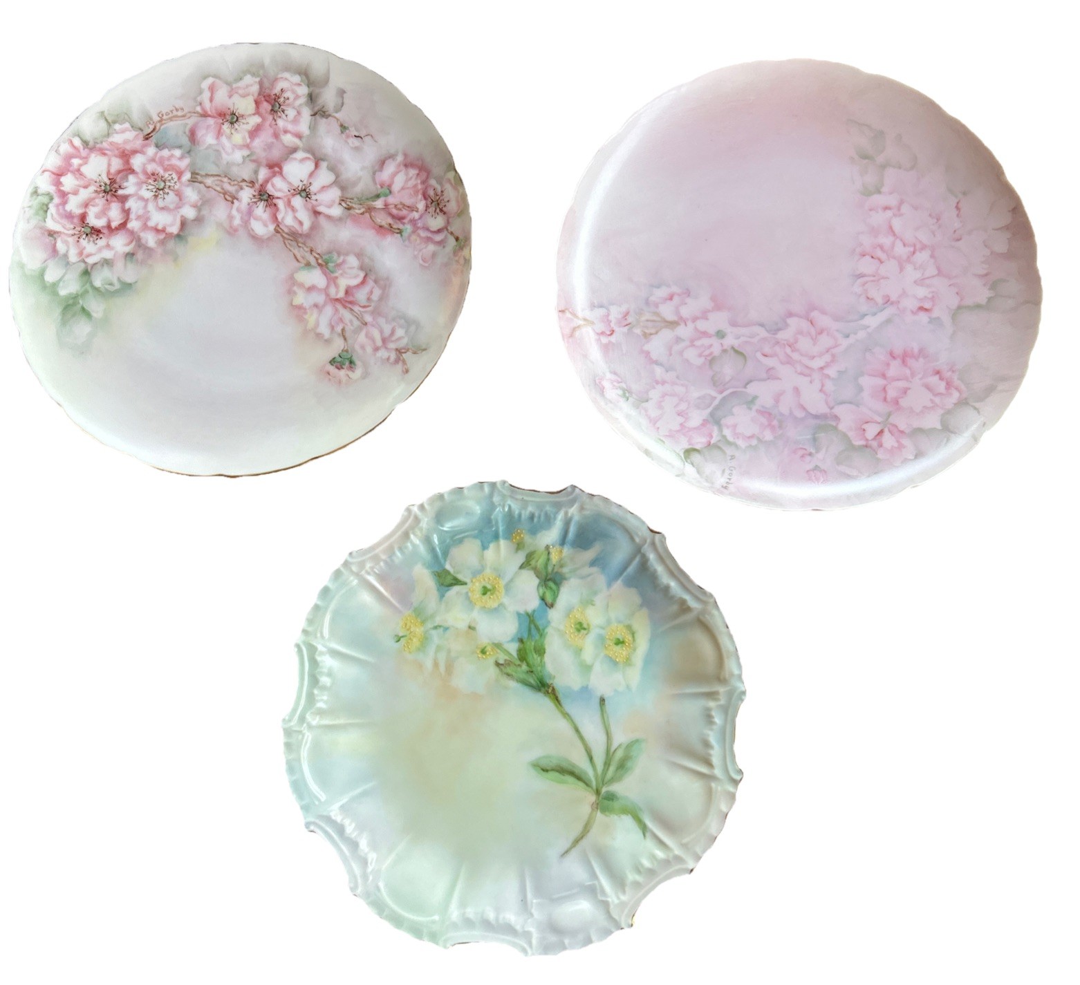 VTG 1958 3Ct Hand Painted Plates Flowers Pink/Green/Blue Artist Signed Gold Trim