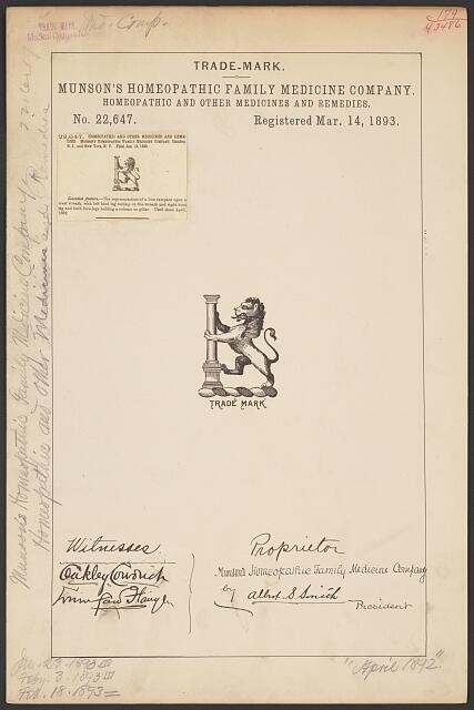 Photo:Munsons Homeopathic Family Medicine Company Trademark Lion Logo 1893