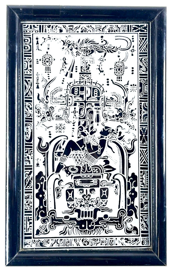 VINTAGE MAYAN KING PAKAL SARCOPHAGUS LID CARVED STONE PLAQUE FRAMED MEXICO c1970