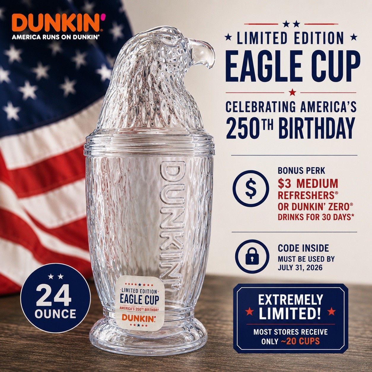 Limited Edition Dunkin Eagle Cup 24oz America’s 250th Birthday NEW