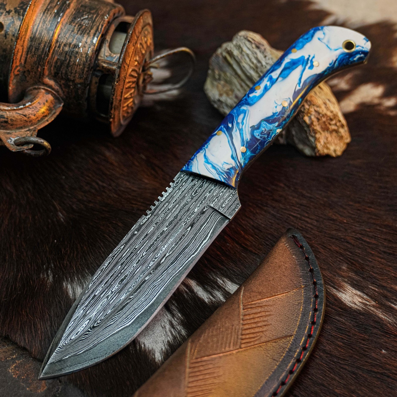 8.7″ EDC Bush craft Camping Knife Handmade Full Tang Resin Handle Leather Sheath