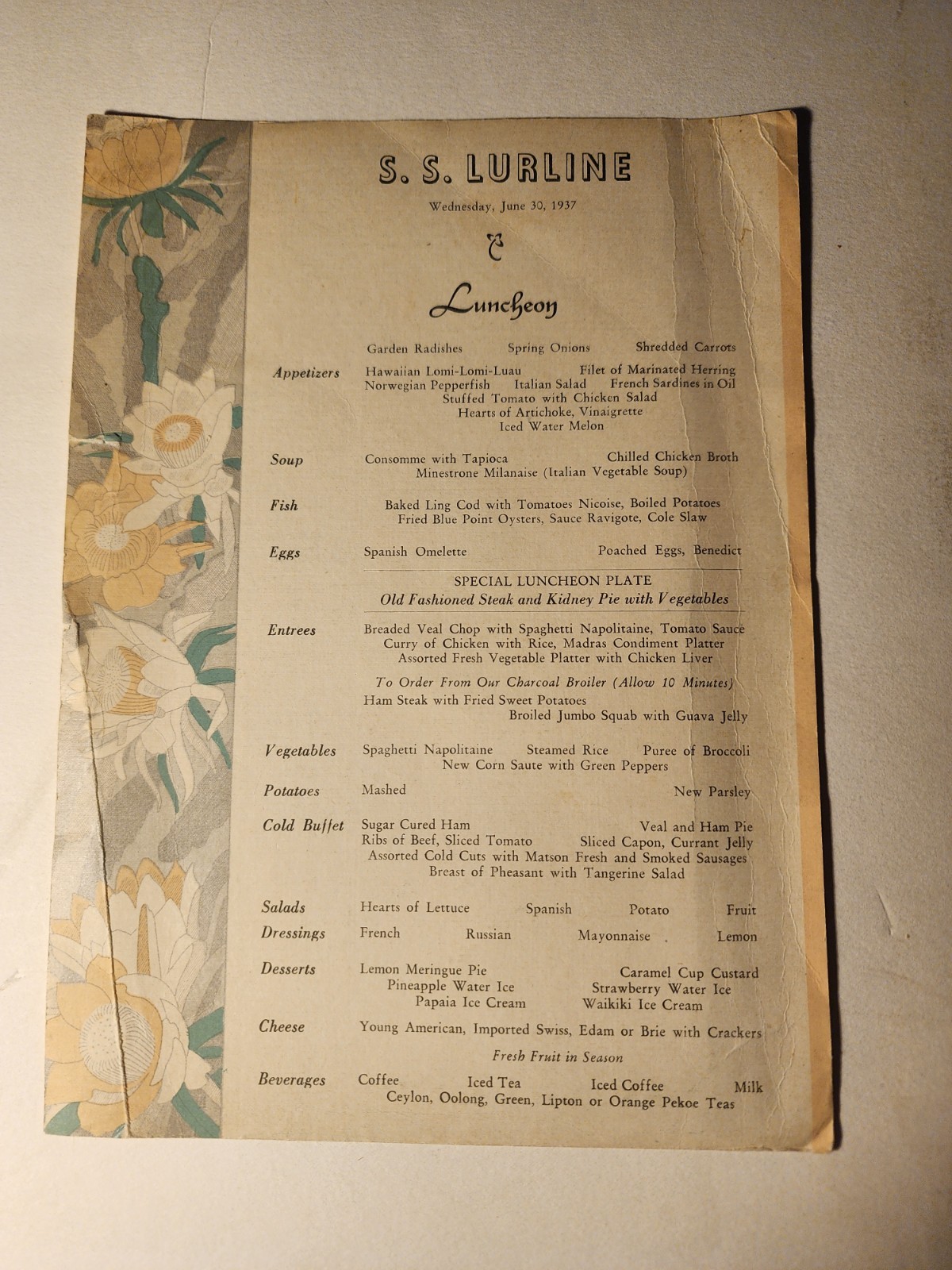 1937 S.S. LURLINE Matson Line Hawaii Cruise Luncheon Menu Art Deco Ephemera June