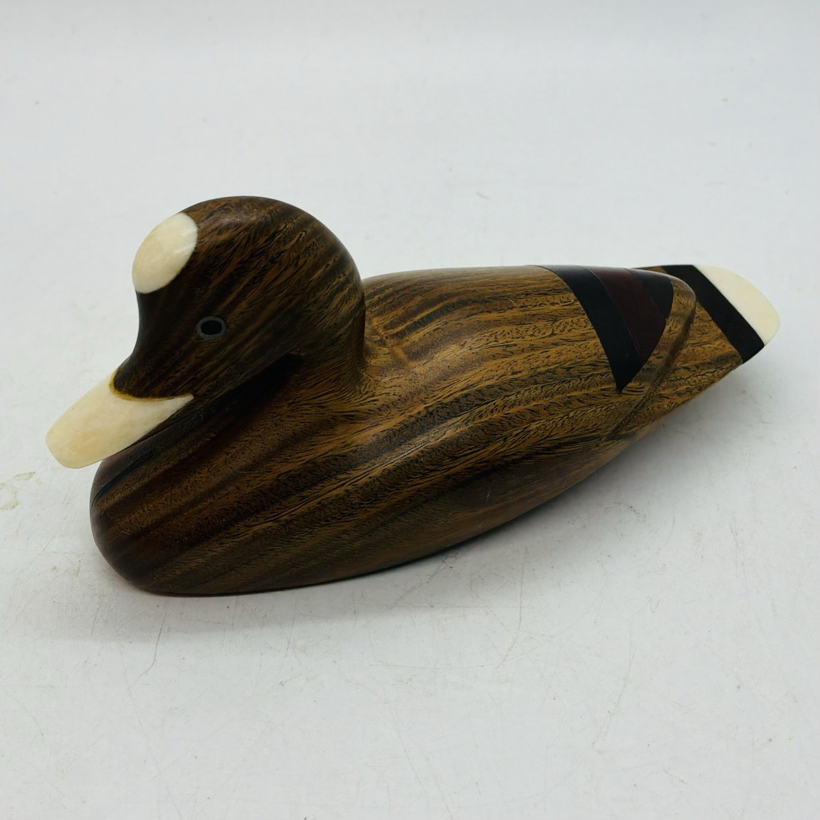 VTG MCM Wood Carved Duck Sculpture With Marquetry & Other Inlay Detail 5”L x 2”W