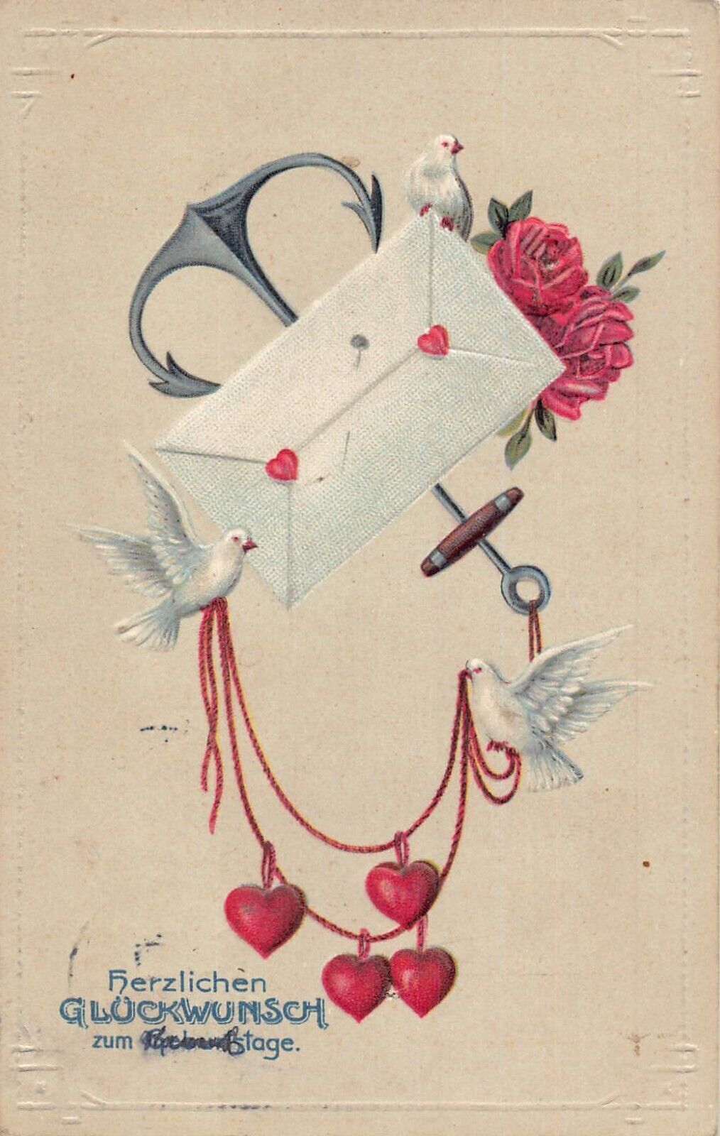 A111 Birthday Greeting 1912 Love letter Rose Dove Heart Anchor embossed postcard