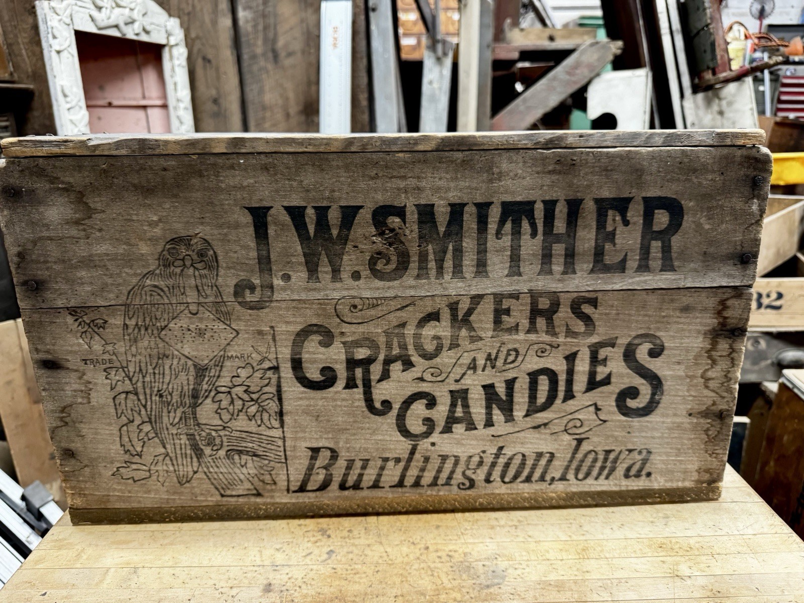 Antique Wood Crate J. W. Smither Crackers And Candies Burlington Iowa Bird