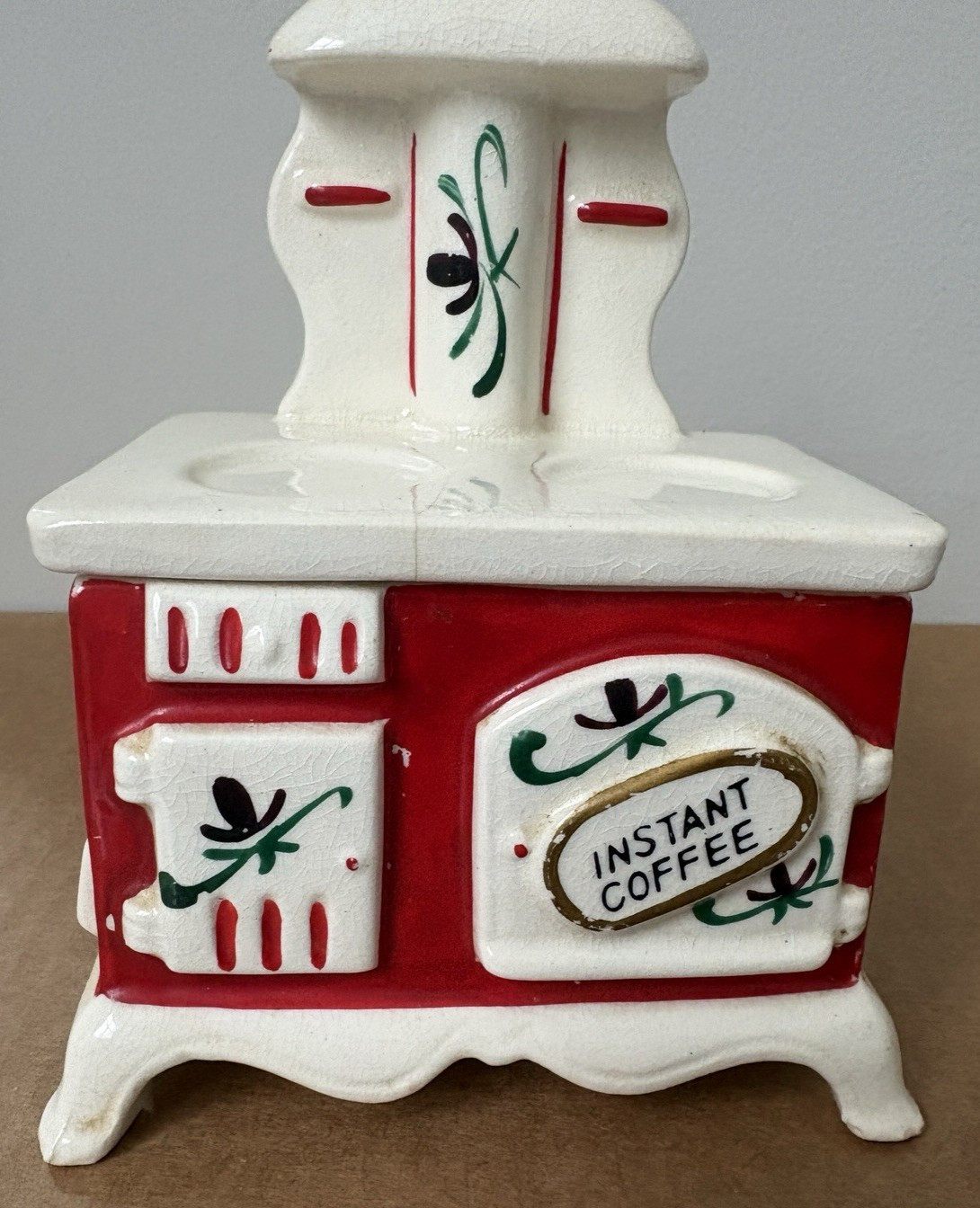 Vtg Ceramic Cook Stove Instant Coffee Container w Lid Made Japan Utensil Missing