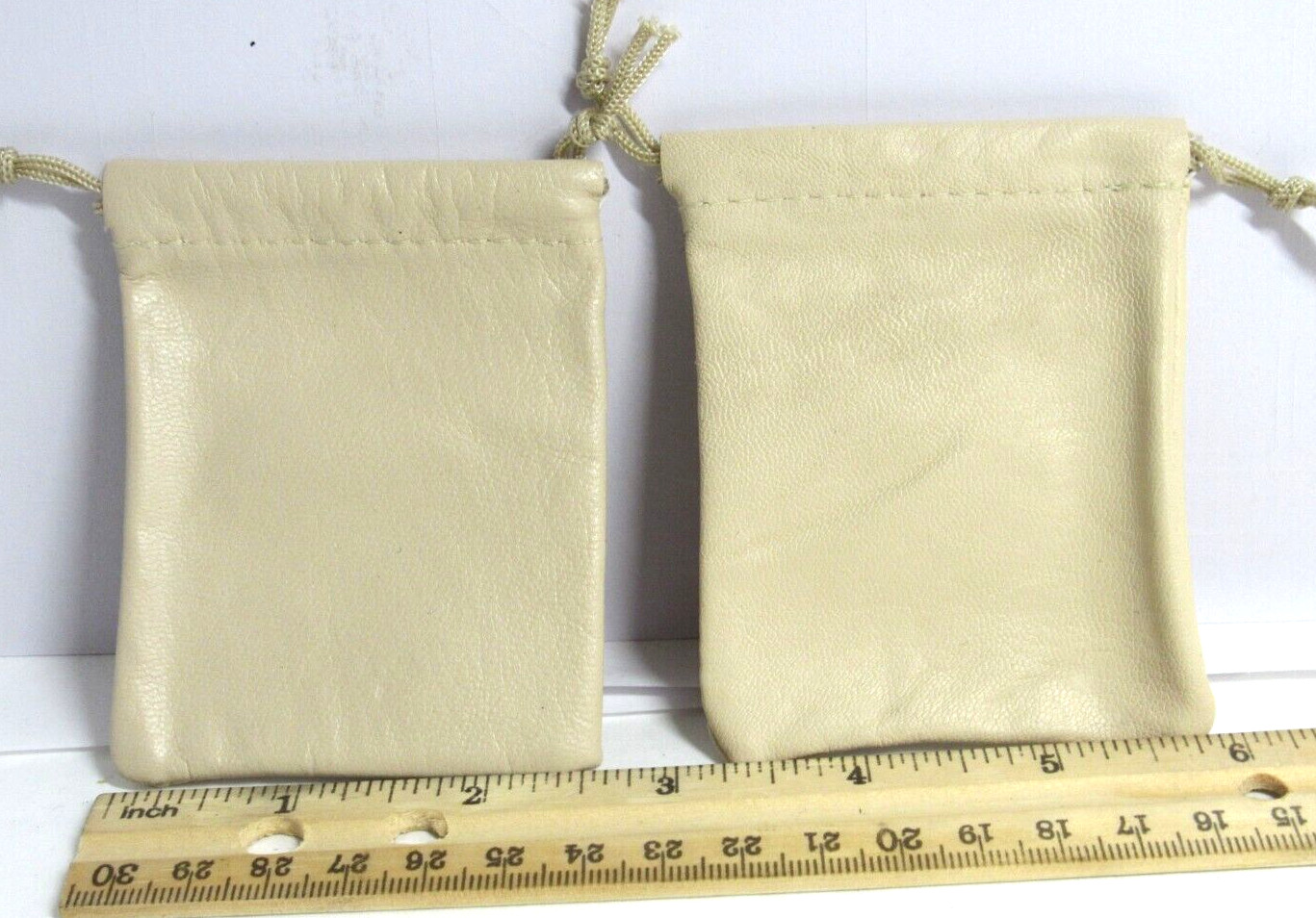 Set of 2 Genuine Leather Draw String Pouch BEIGE 2 1/2 ” X 3 3/4 “