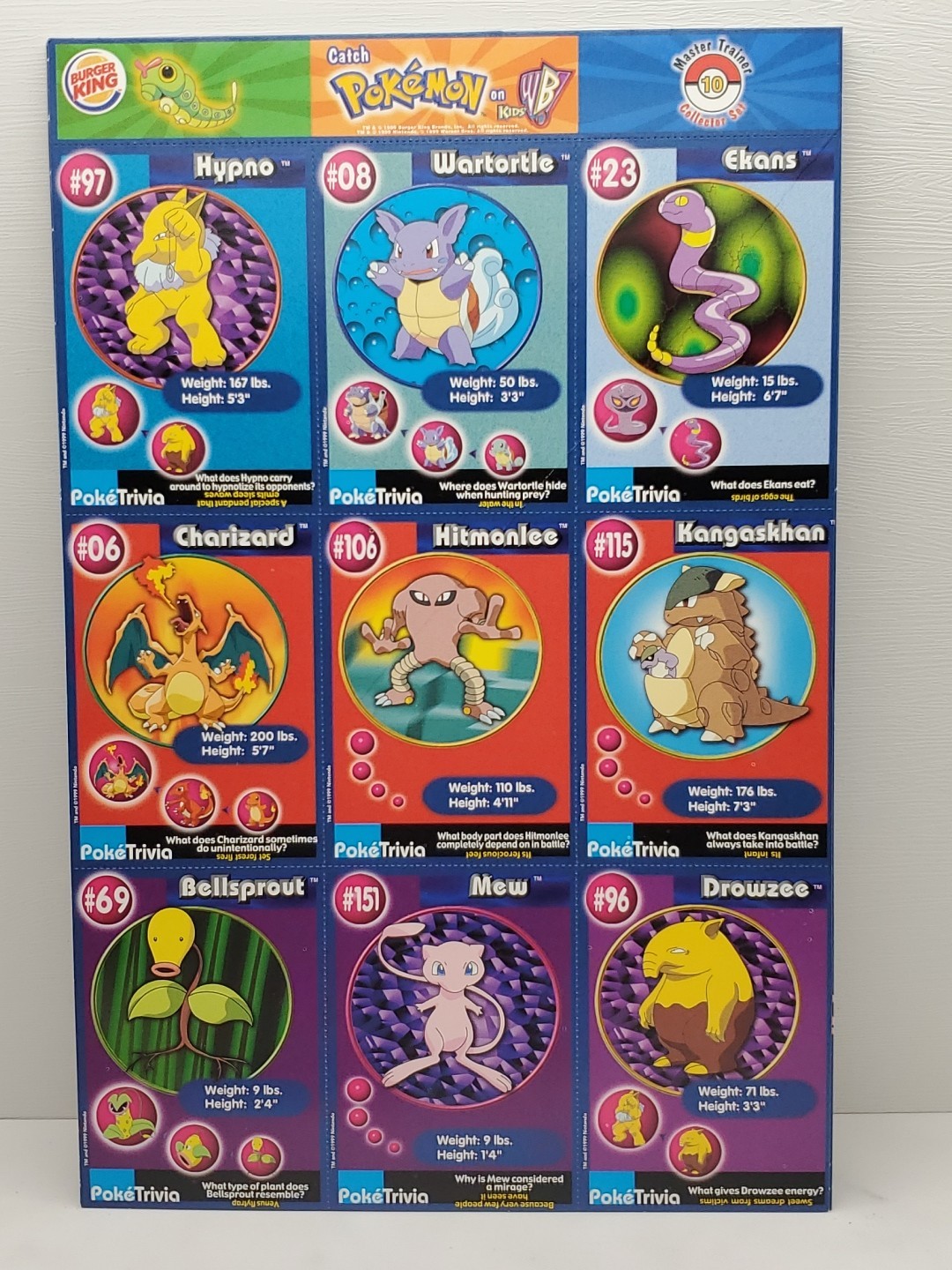 POKEMON Trivia 1999 Burger King Master Trainer Collector Set-COMPLETE-UNCUT 1-20