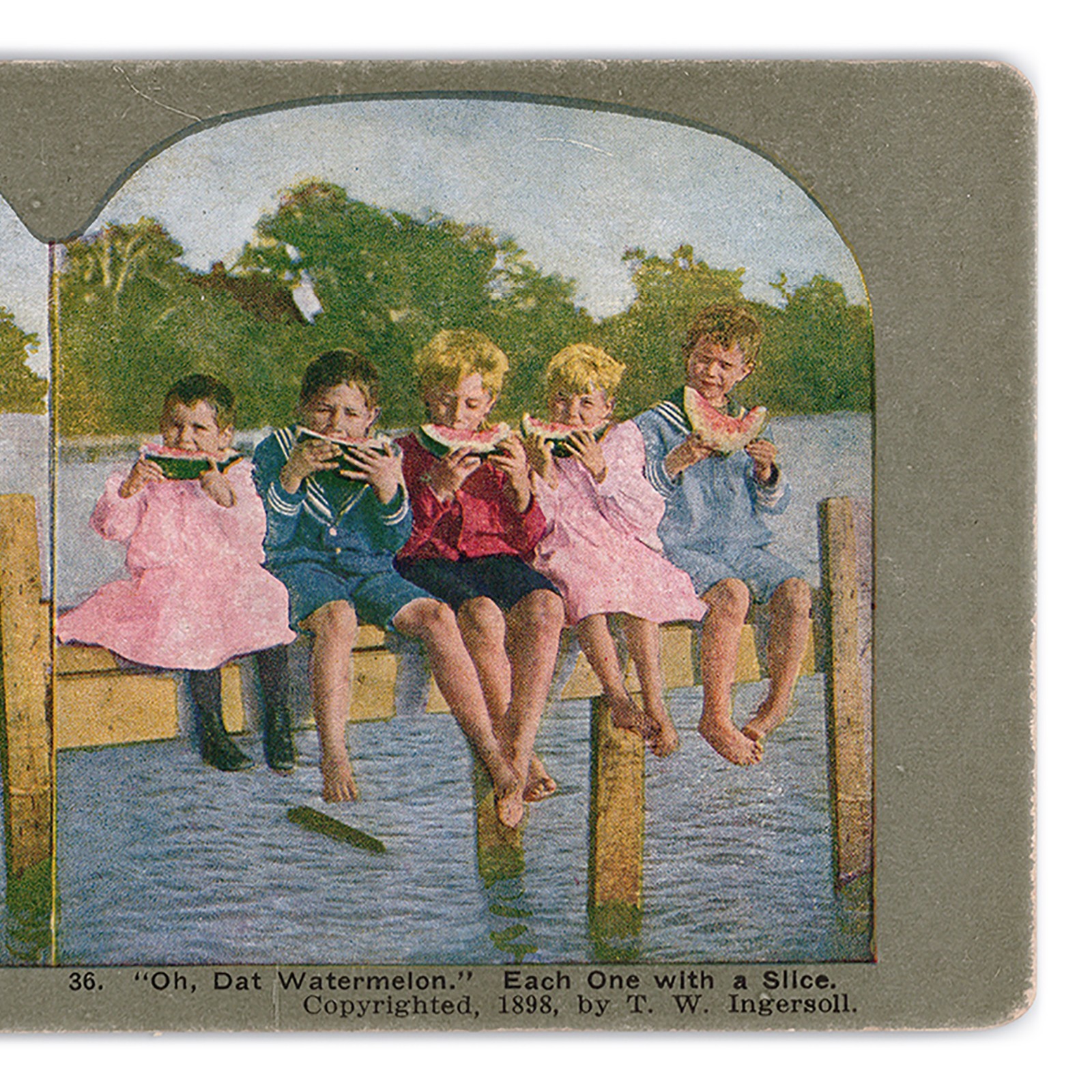 Kids Eating Watermelon – Lithograph Stereoview c1898 – Sitting on a Dock at Lake