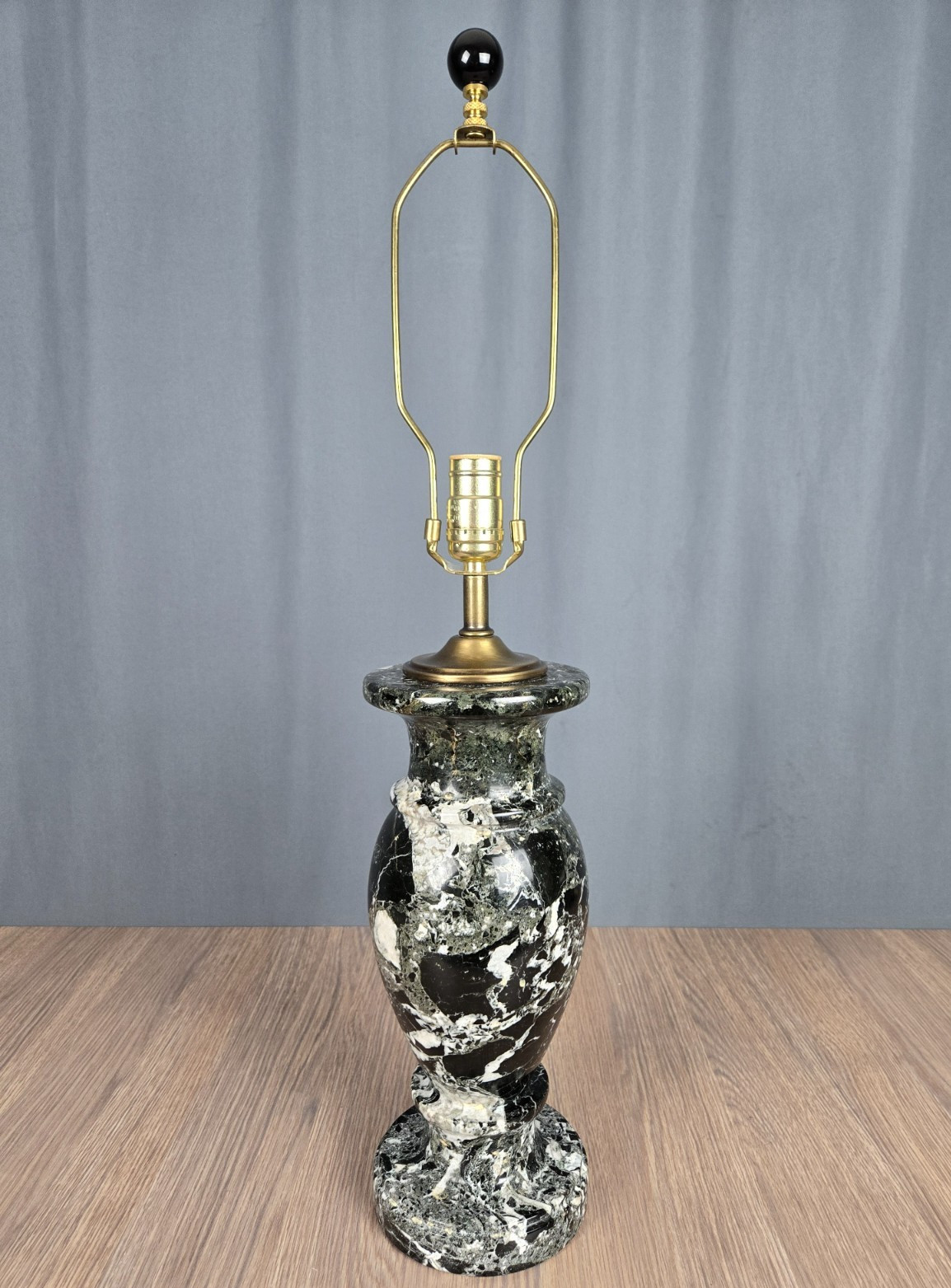 Solid black & white swirl marble urn table lamp, 28″, 20 pounds! brass