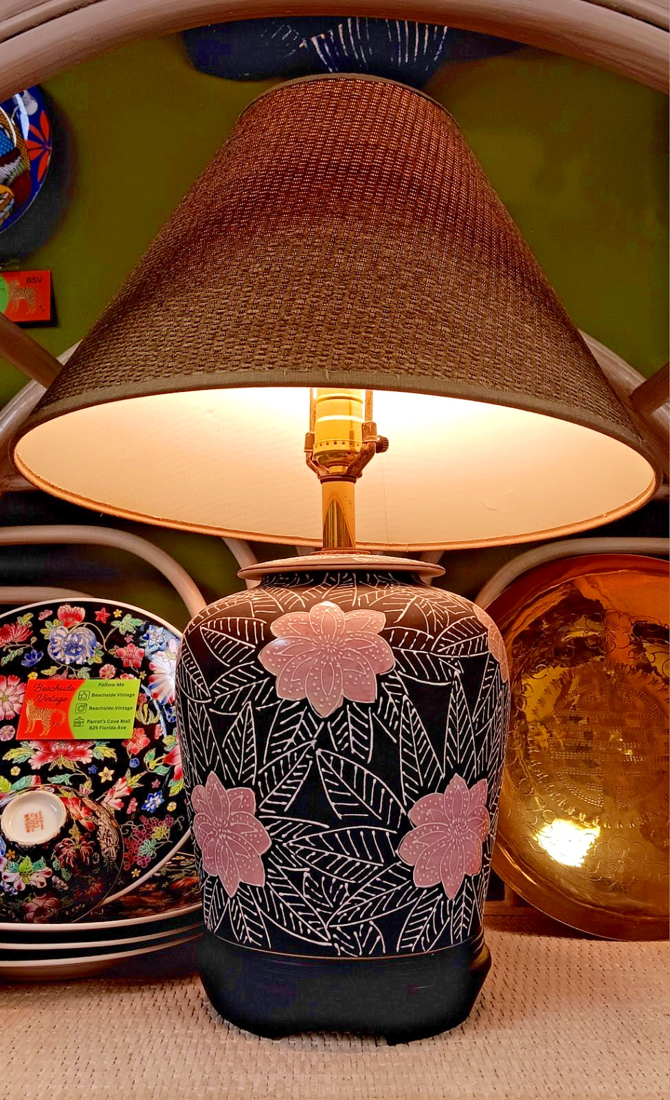 Vintage Matte Black Boho Floral Table Lamp Pink White Floral SHADE NOT INCLUDED