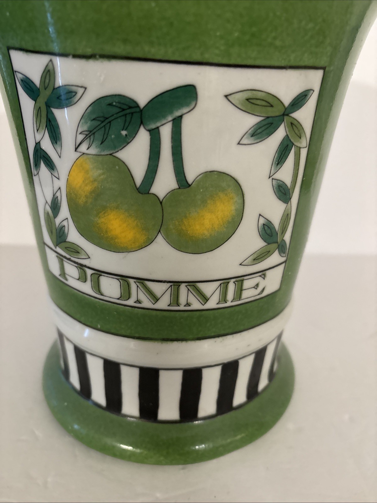Vtg Ceramic Planter POMME French For Apple 8×8.25” Striped Black White Green