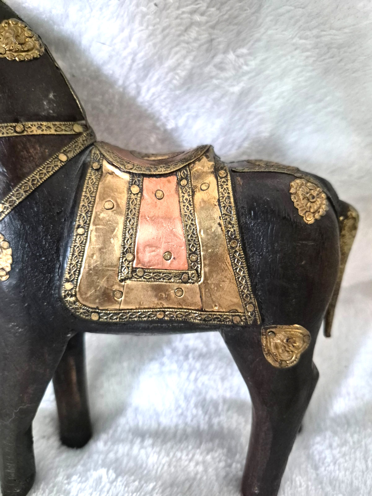 Vtg Antique Hand Carved Wood Horse Metal Brass Inlay Marwari Rajasthani Copper